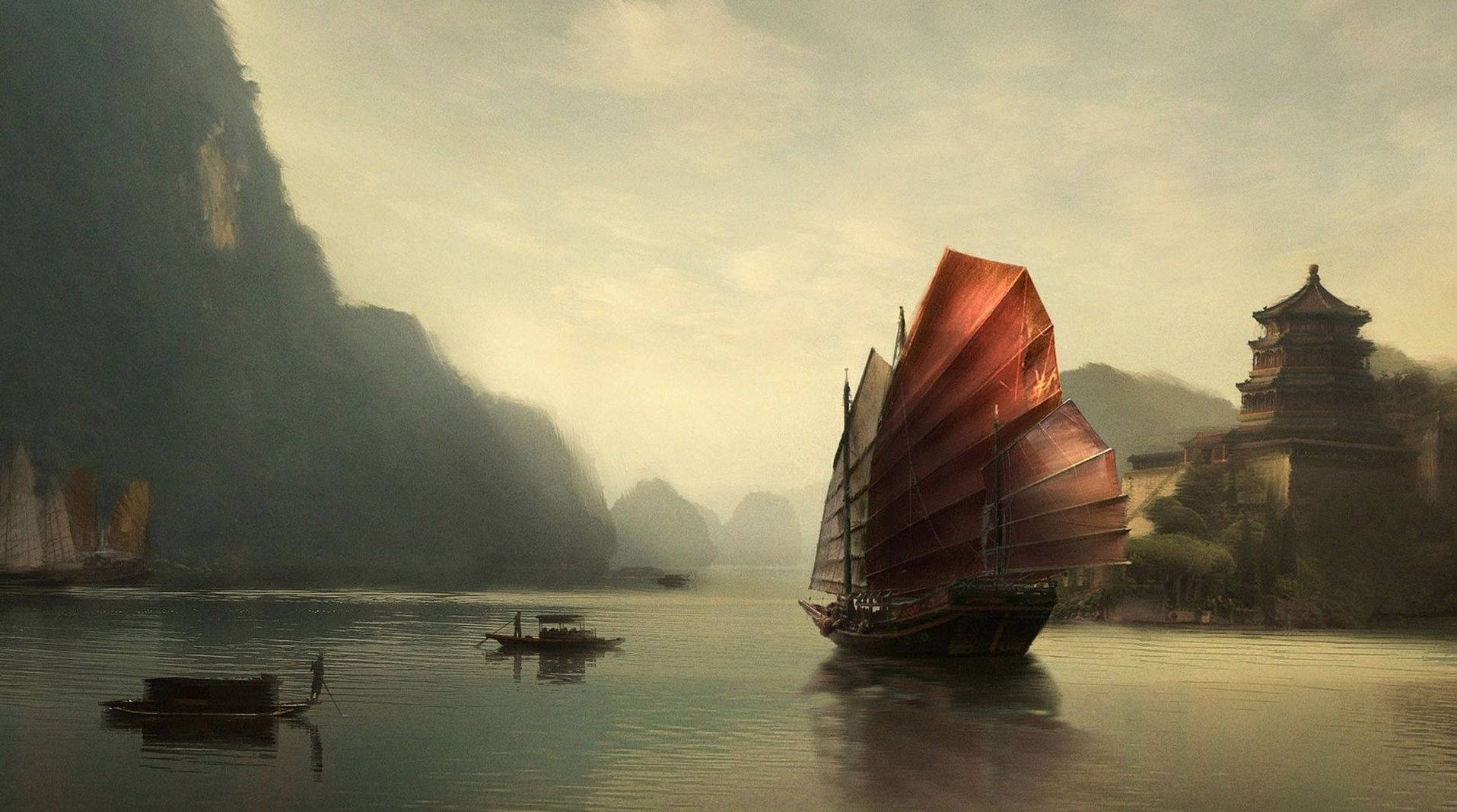 Chinese House, junk boat, red sails, HD Desktop Wallpaper
