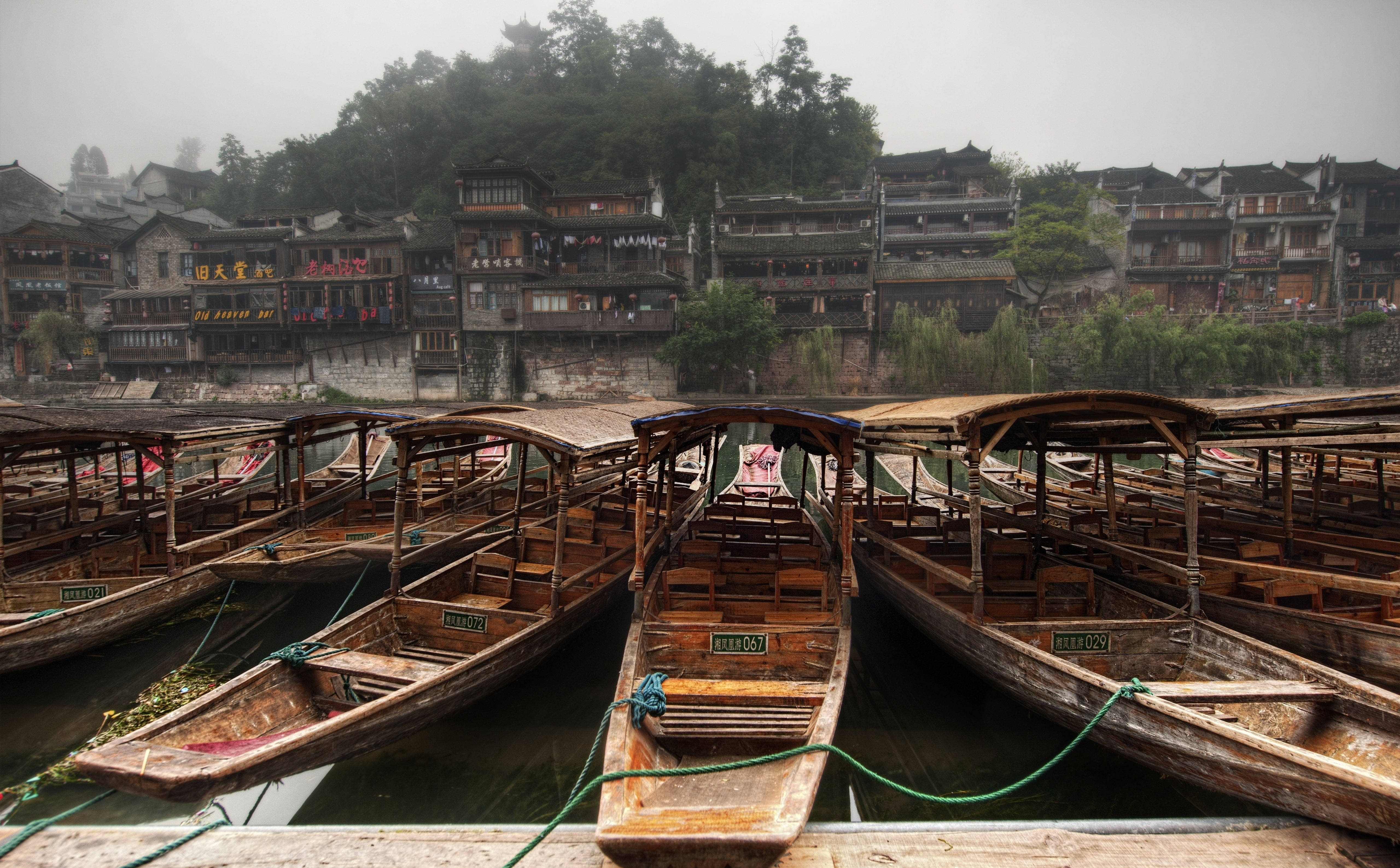 Chinese House, river, misty riverside dock, 5K Desktop Wallpaper