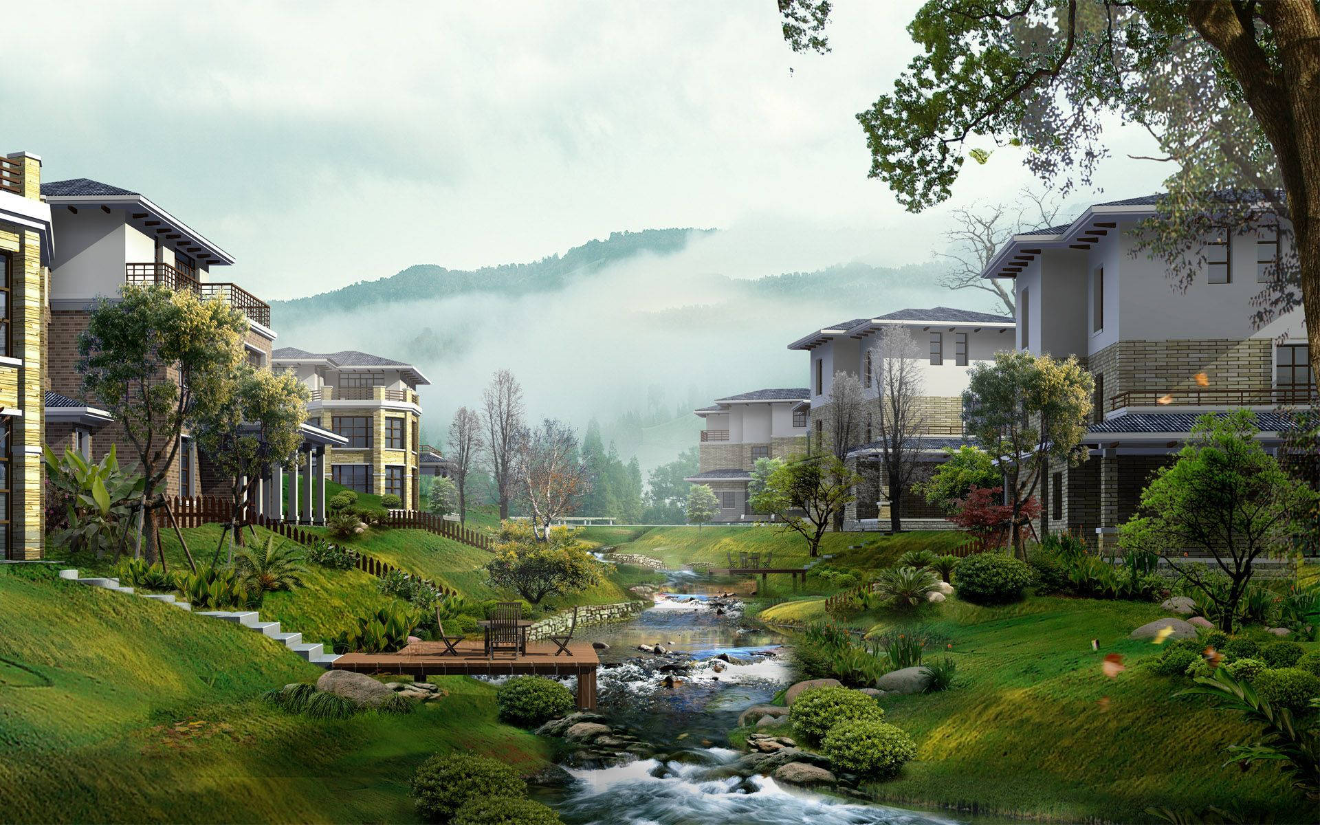 modern village of chinese houses, misty valley, winding stream, Full HD Desktop Wallpaper