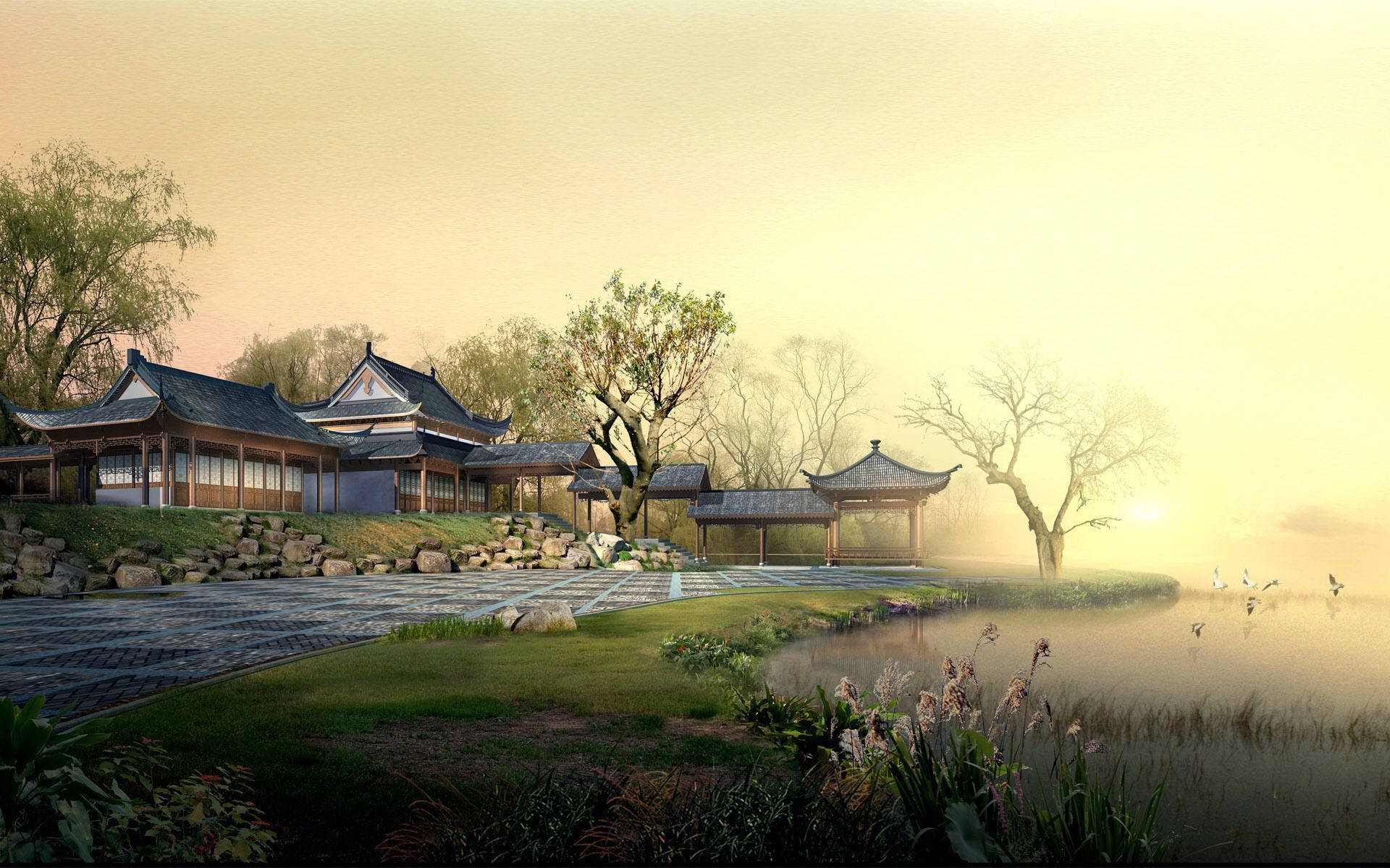 Chinese House, sunset, traditional wooden pavilions, Full HD Desktop Wallpaper