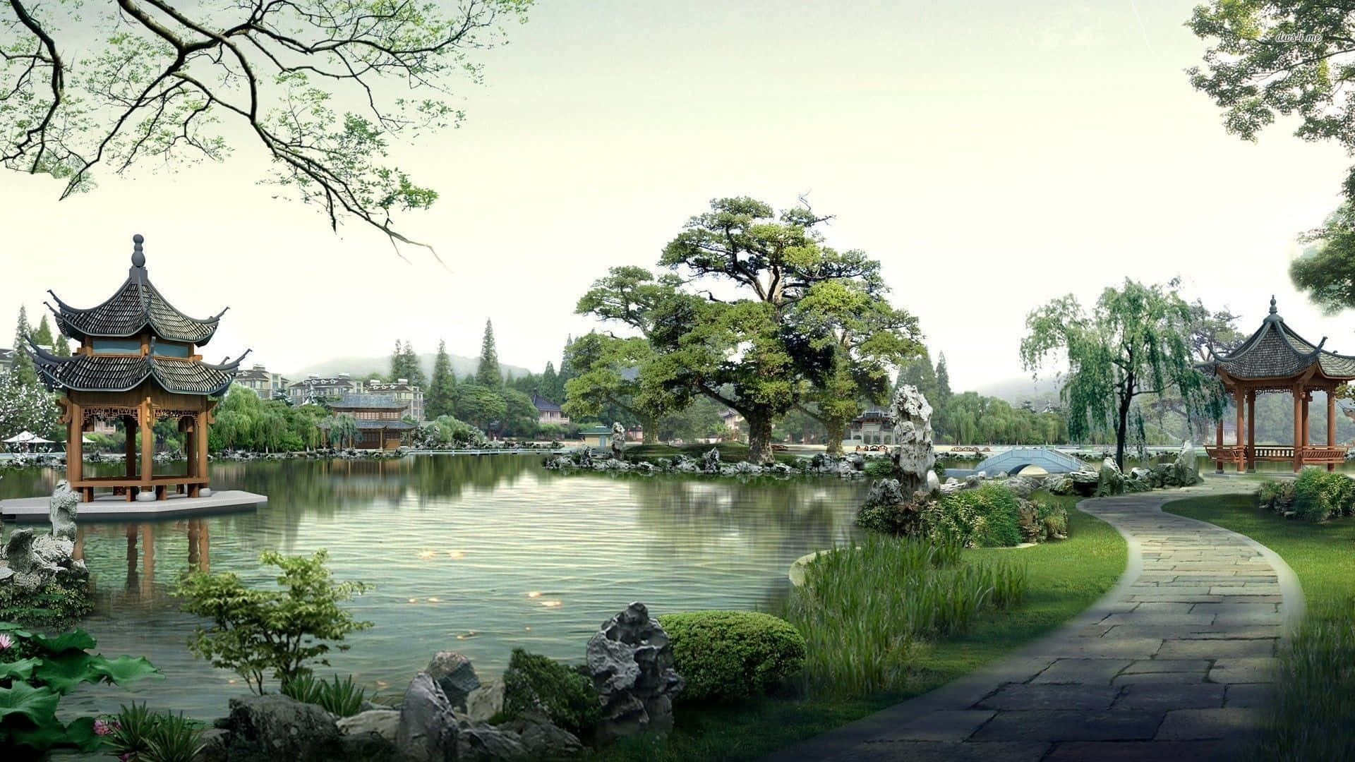 Zen Desktop, Serene Chinese Garden, pagodas, Full HD Desktop Wallpaper