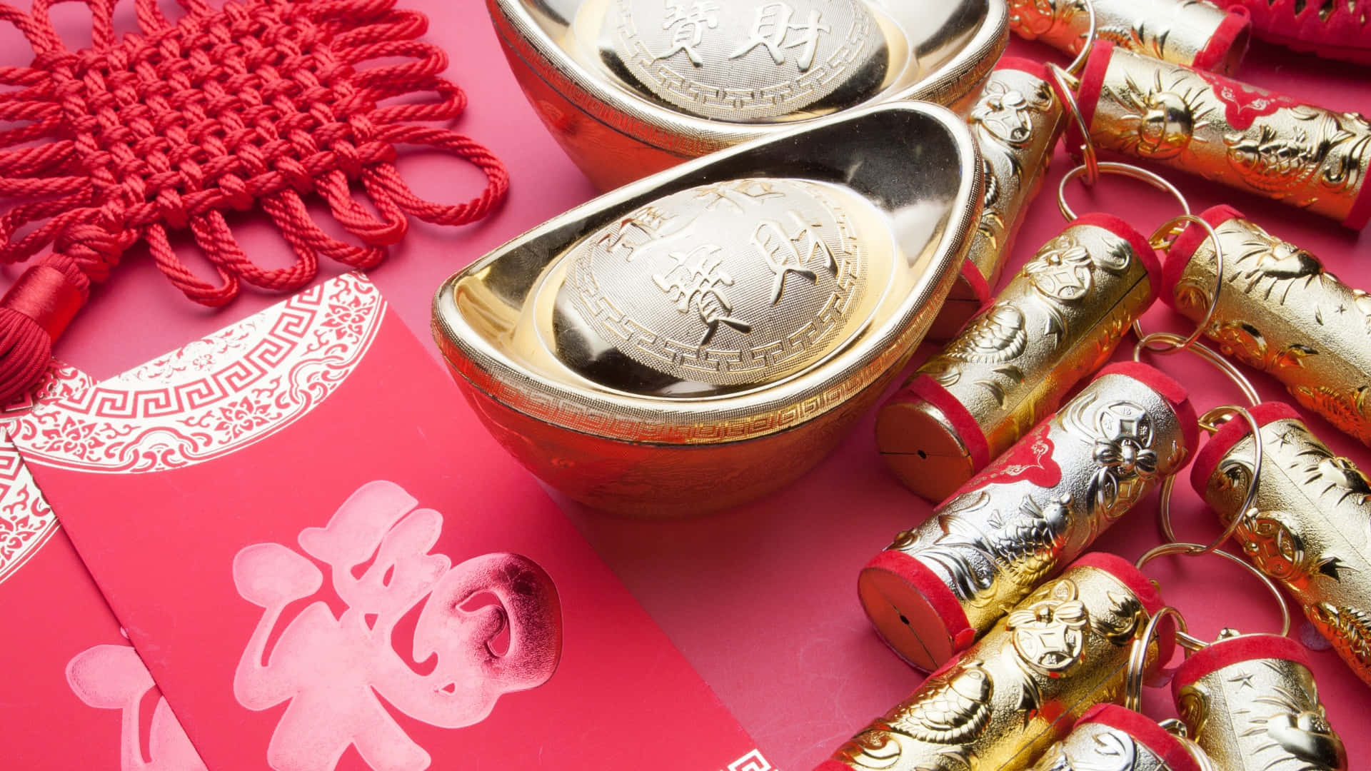 Chinese Knots, traditional symbols, shiny gold ingots, Full HD Desktop Wallpaper