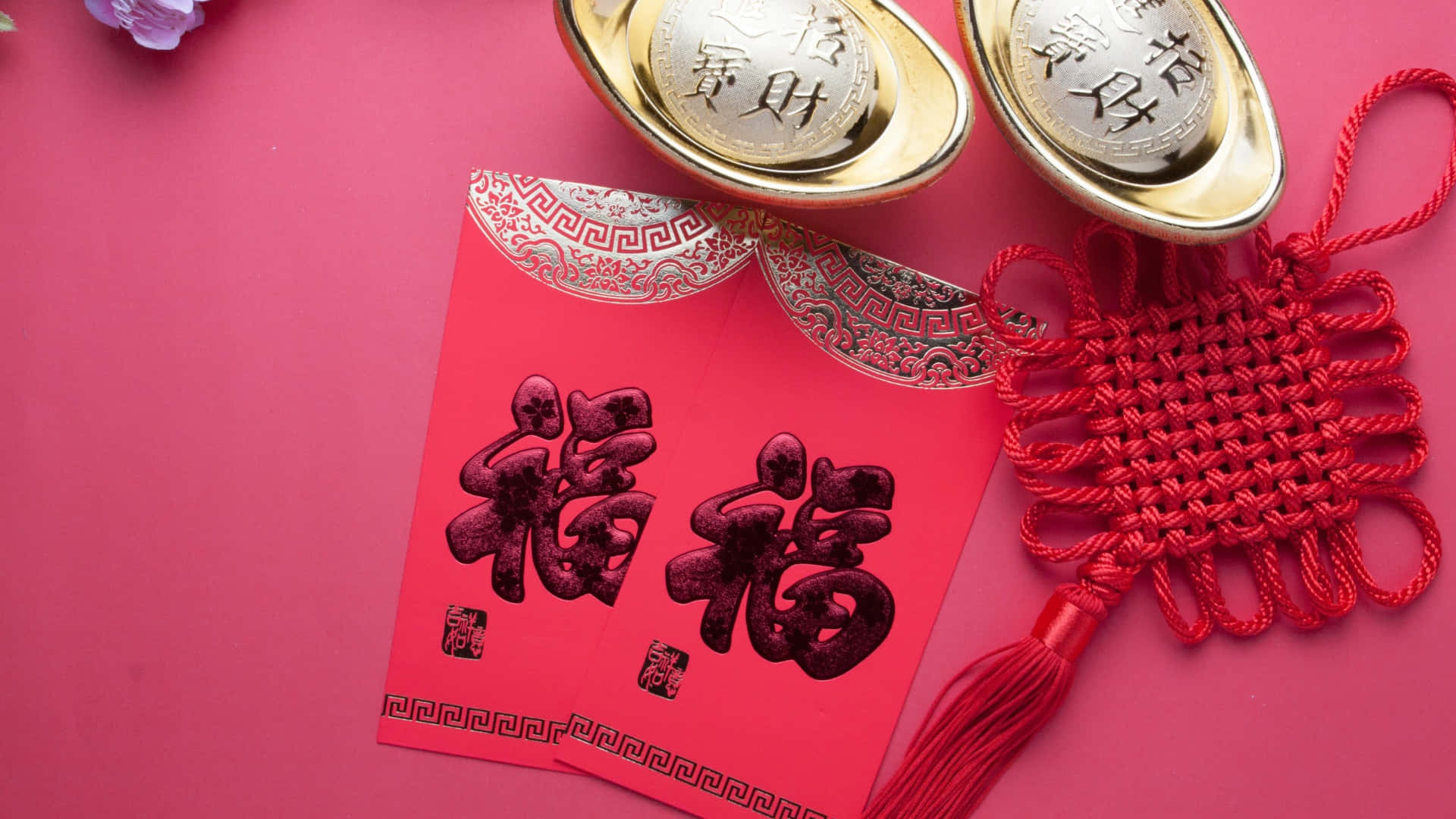 Chinese Knots, red envelopes, black Chinese characters, Full HD Desktop Wallpaper