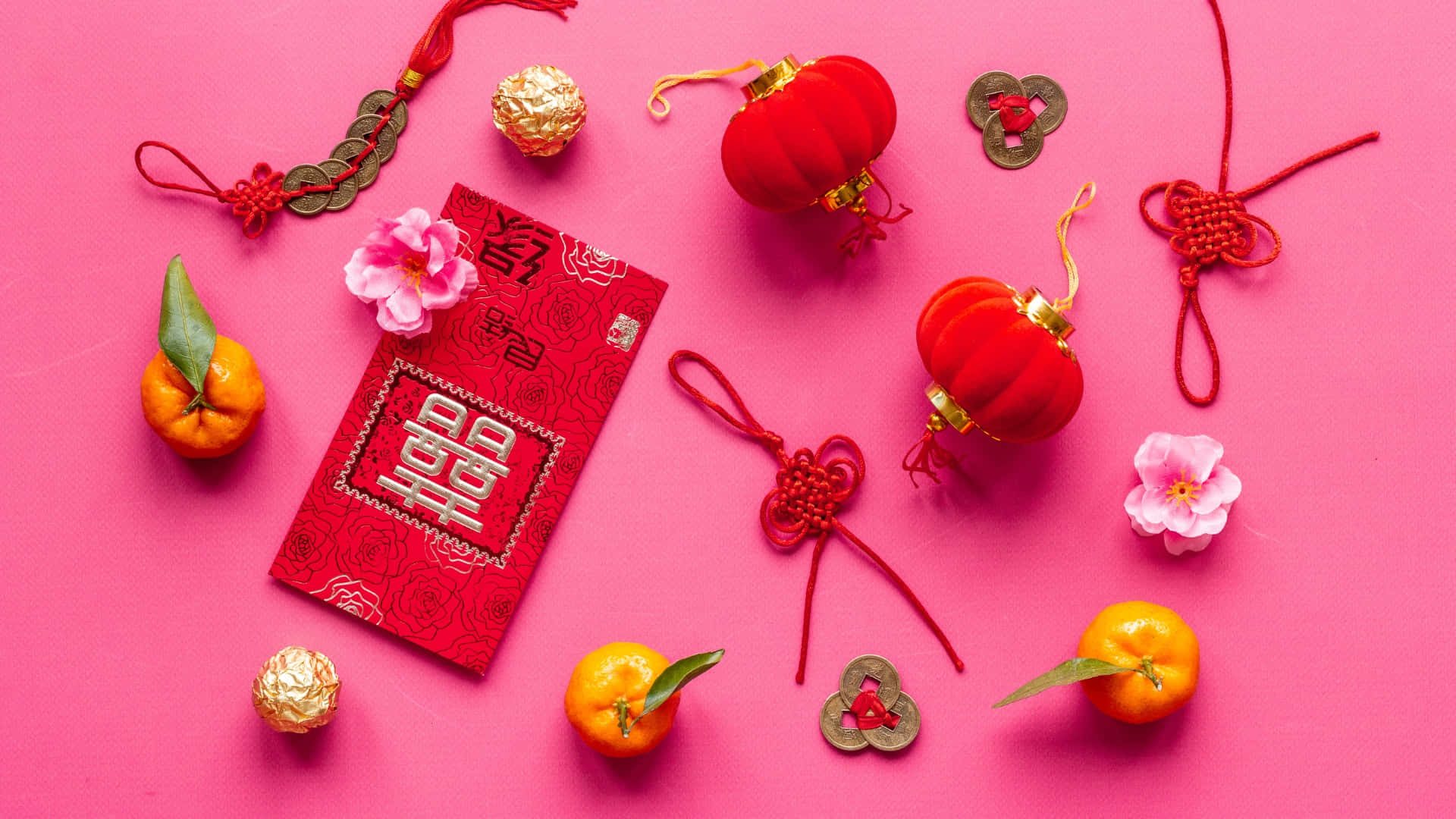 Chinese Knots, red lanterns, gold coins, Full HD Desktop Wallpaper