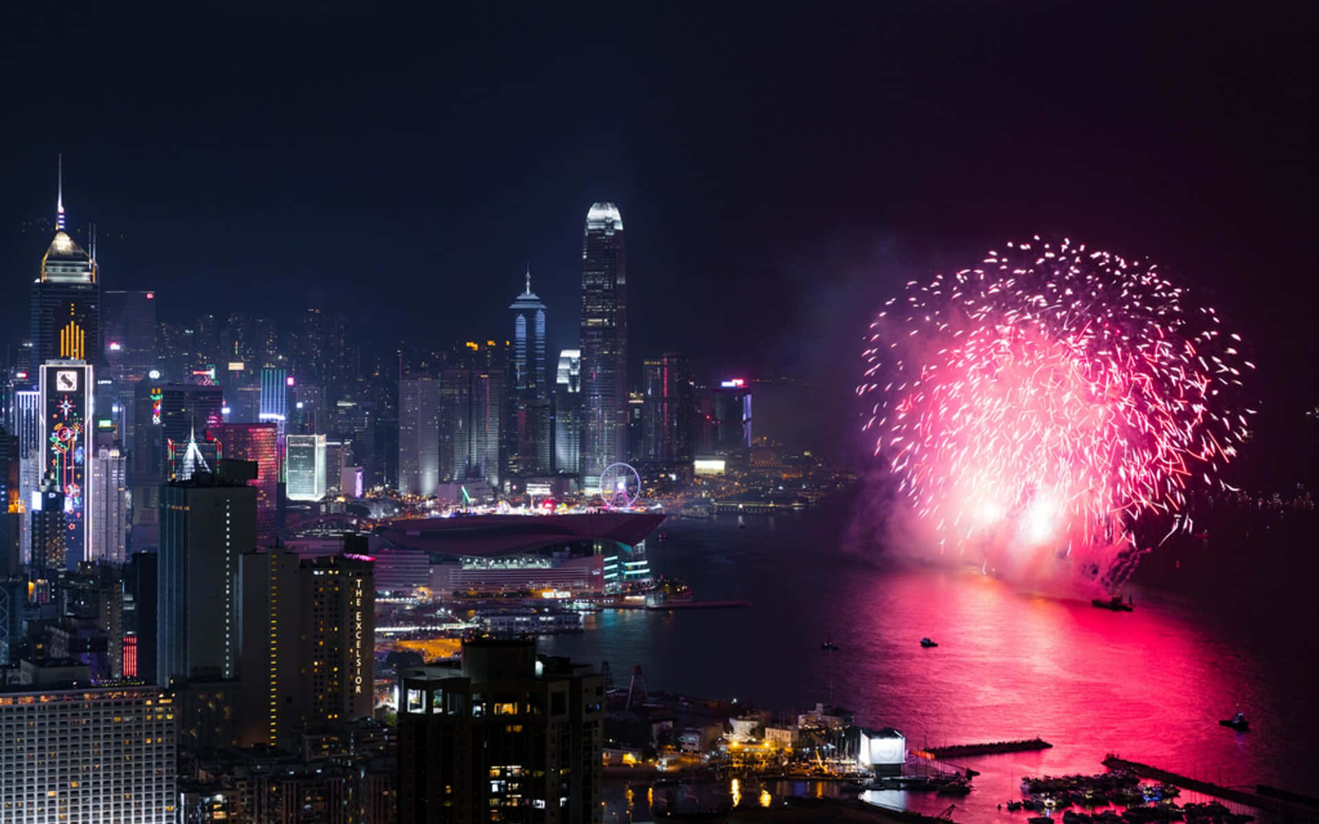 Chinese New Year 2022, pink fireworks, city skyline, Full HD Desktop Wallpaper