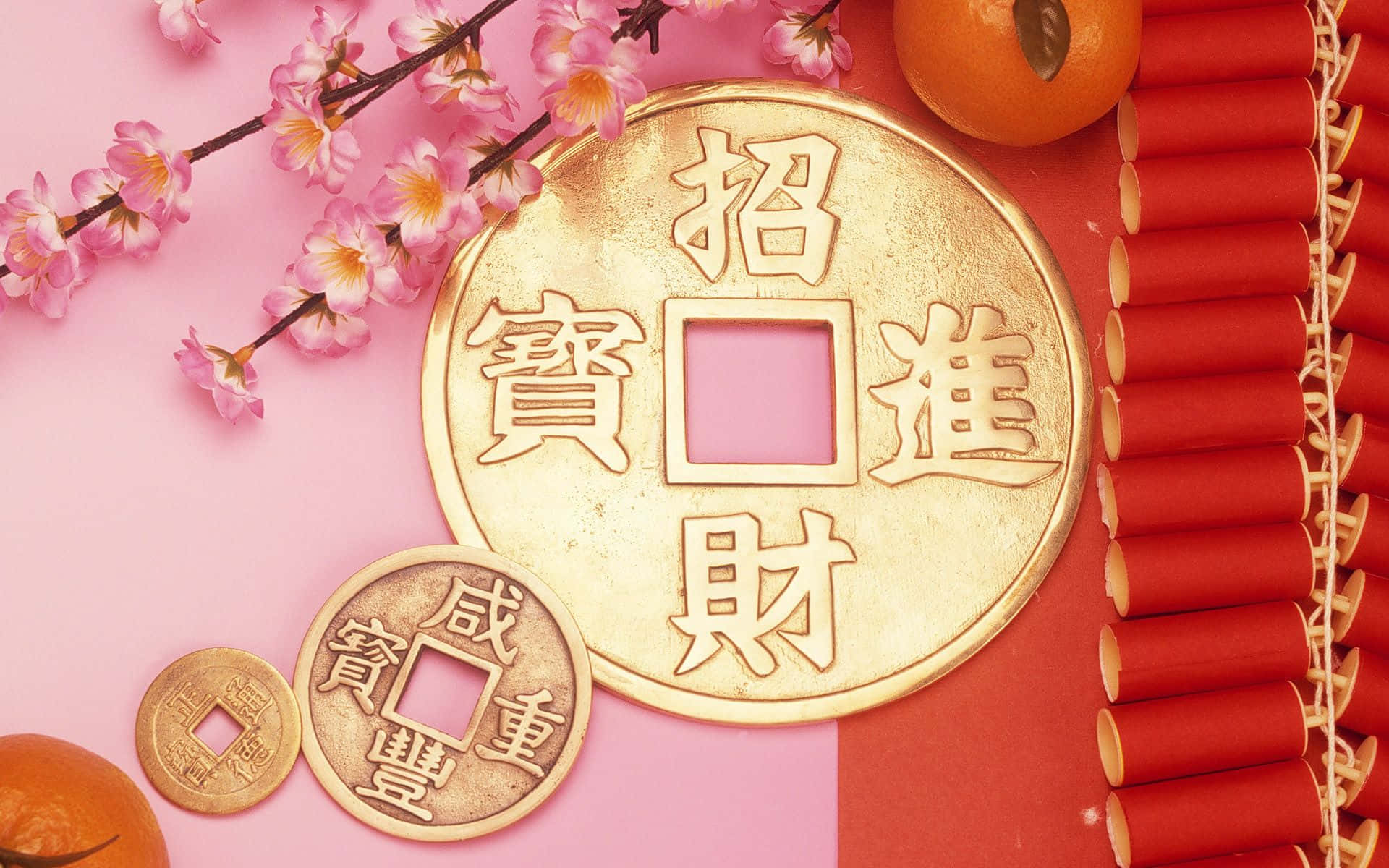 Chinese New Year 2022, golden coins, fortune characters, Full HD Desktop Wallpaper