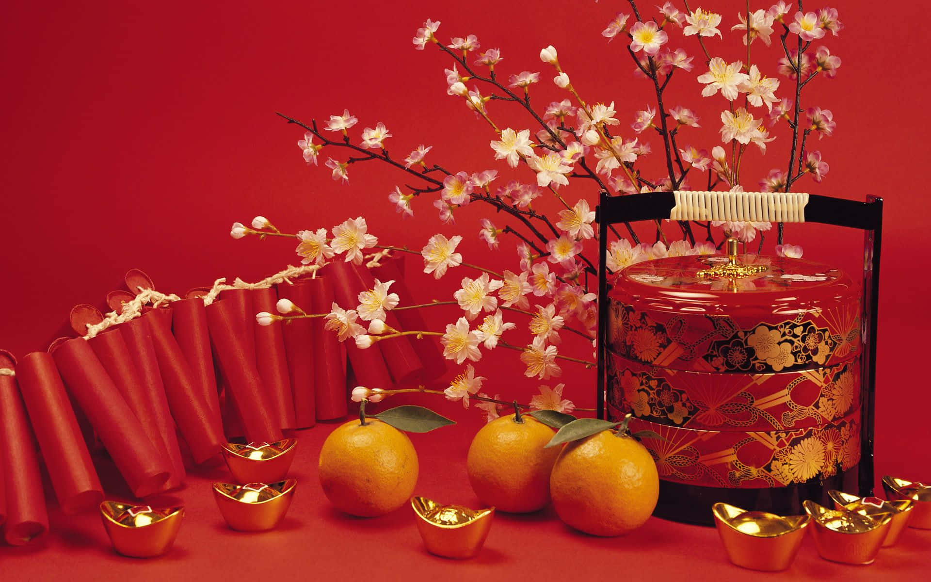 Chinese New Year 2022, red background, cherry blossoms, Full HD Desktop Wallpaper