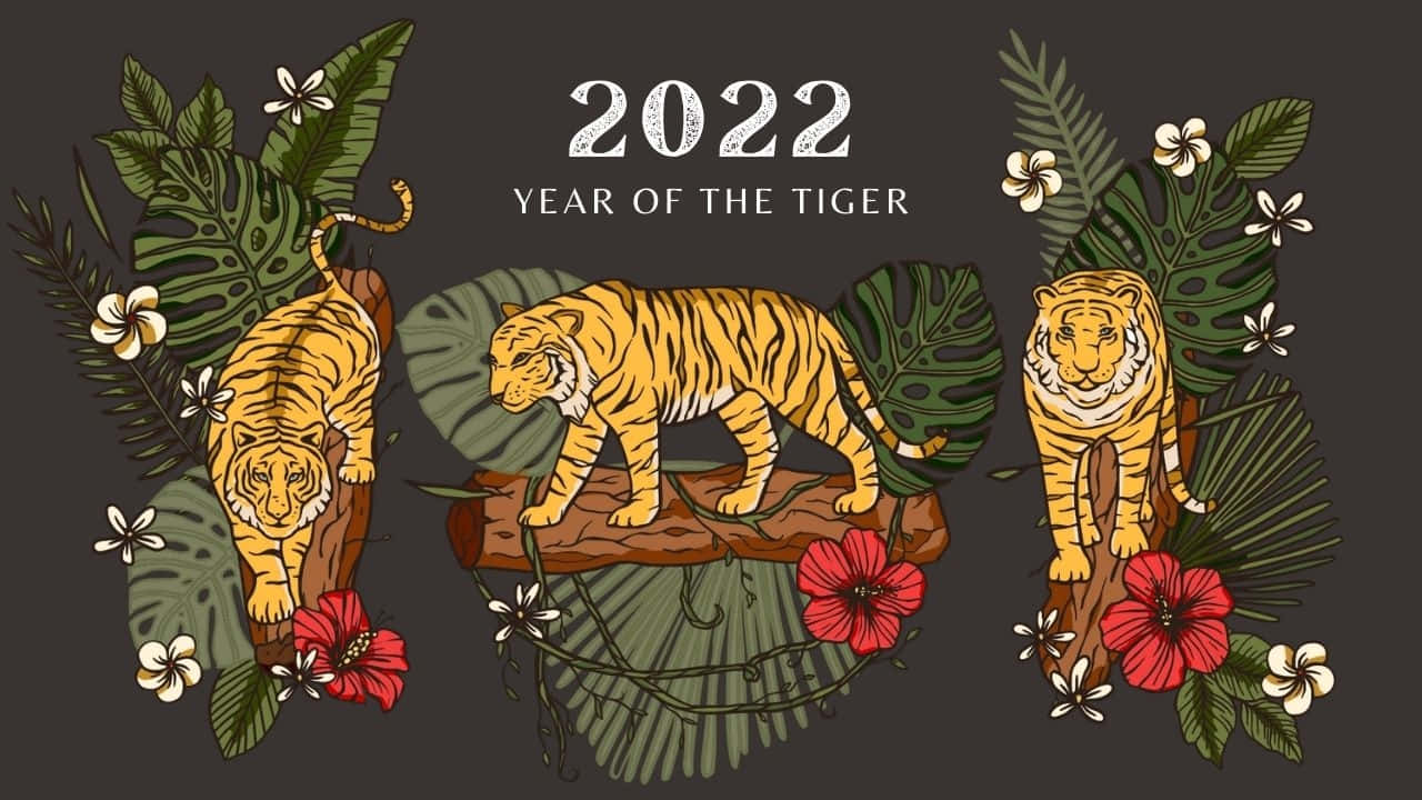 Chinese New Year 2022, three tigers, tropical foliage, HD Desktop Wallpaper