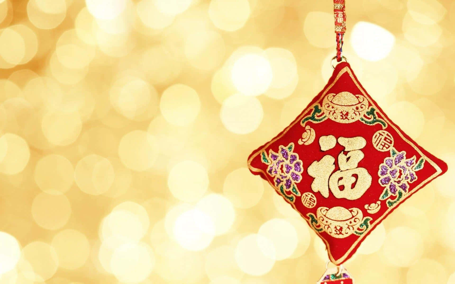 Chinese New Year 2022, red diamond-shaped ornament, golden 'fu' character, Full HD Desktop Wallpaper