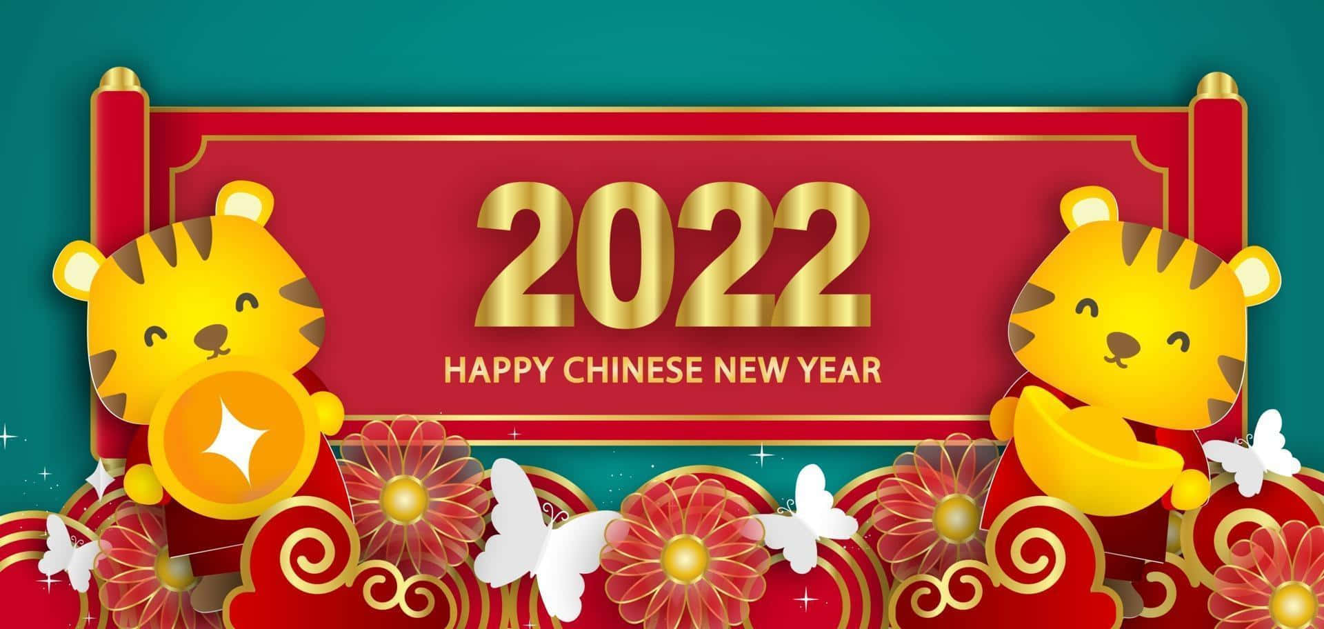 Chinese New Year 2022, cute tiger, red banner, Full HD Desktop Wallpaper