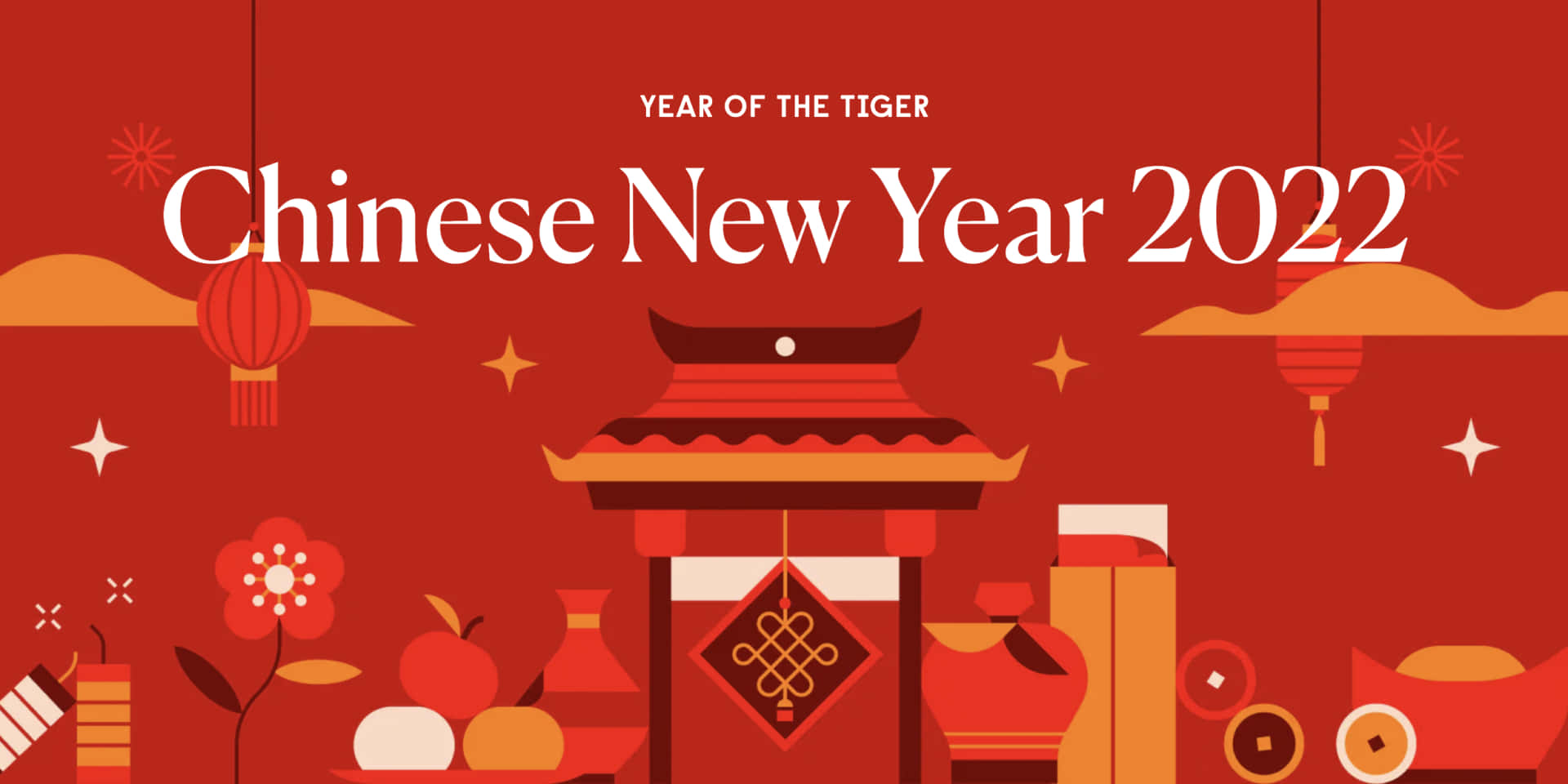Chinese New Year 2022, red and yellow tones, traditional lanterns, Full HD Desktop Wallpaper