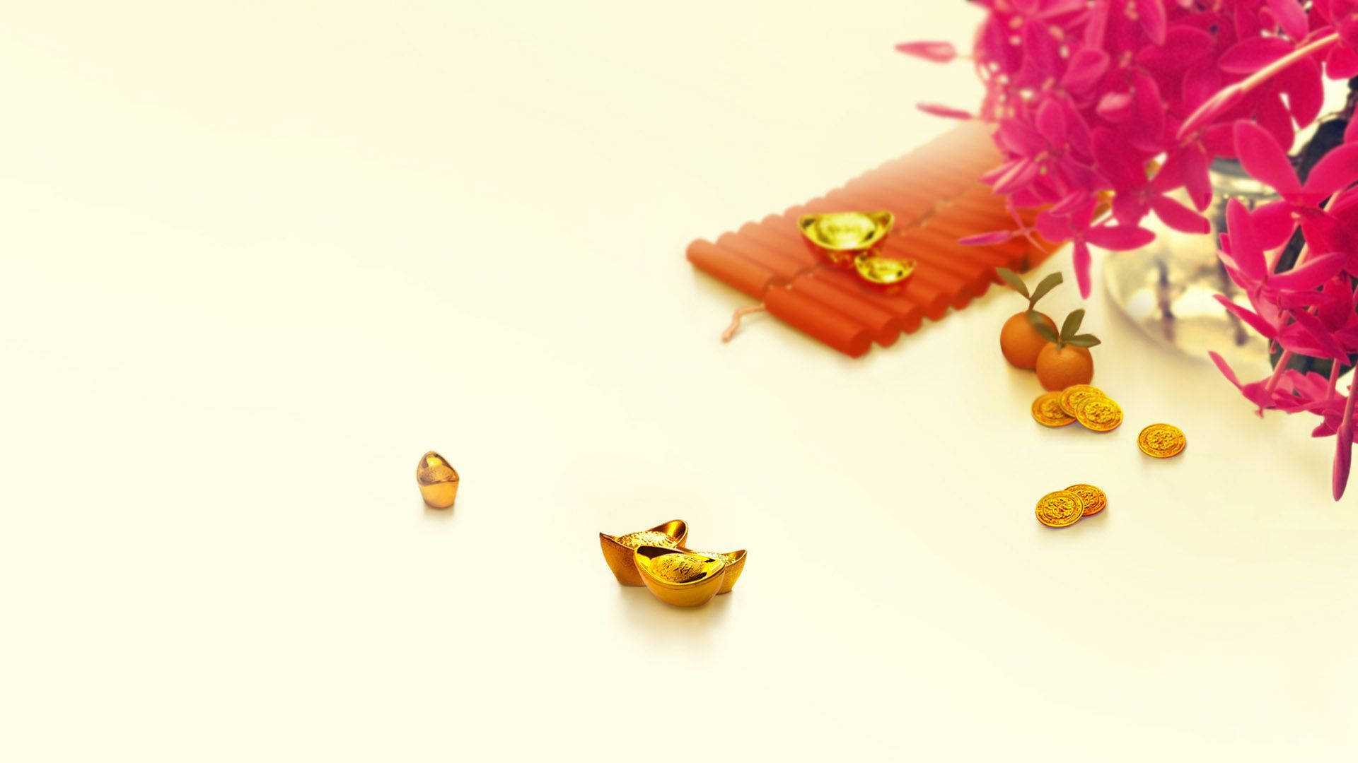 gold sycee, Chinese New Year, vibrant pink flowers, Full HD Desktop Wallpaper