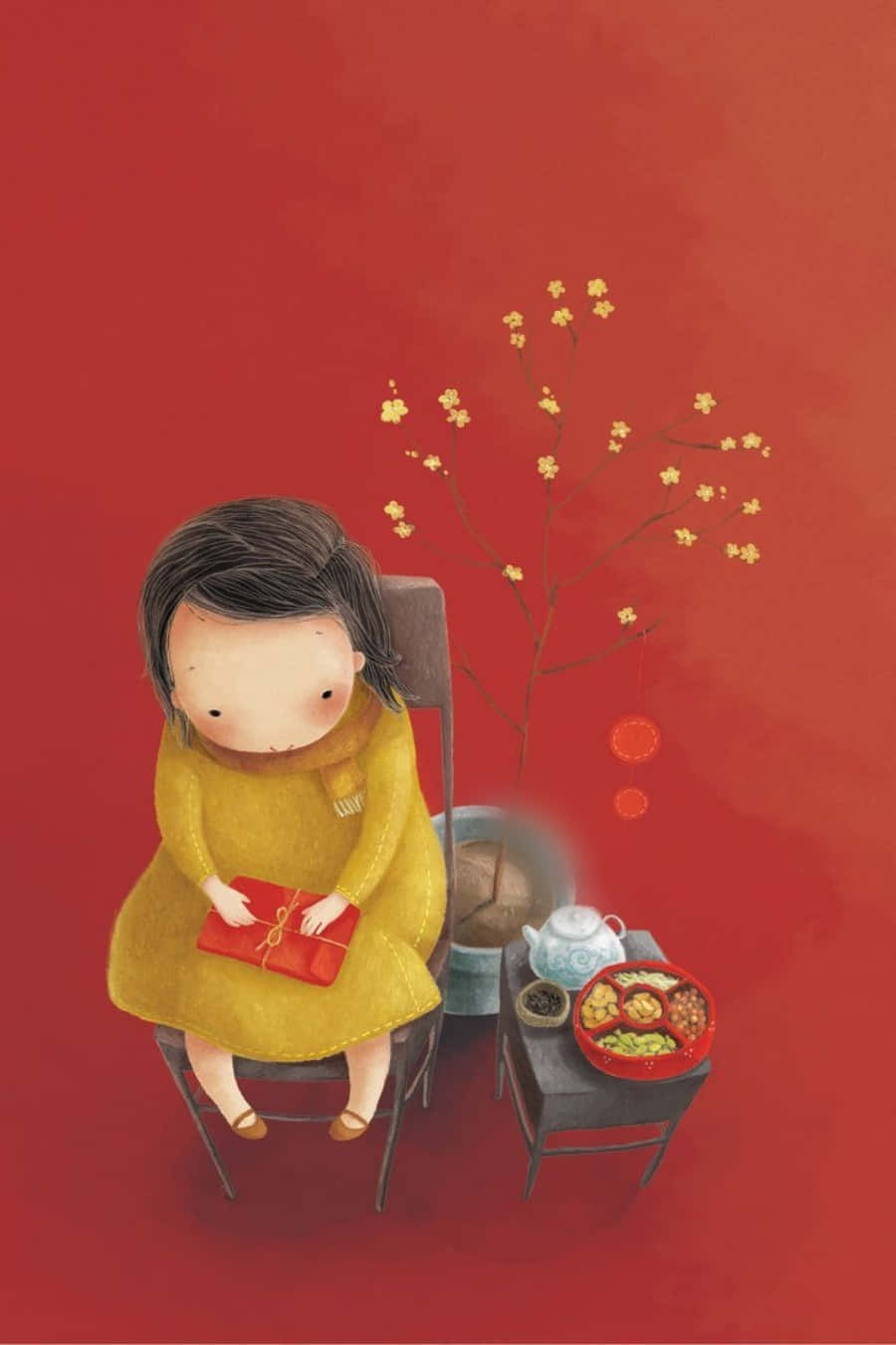 Chinese New Year 2026, yellow dress, red gift box, HD Phone Wallpaper