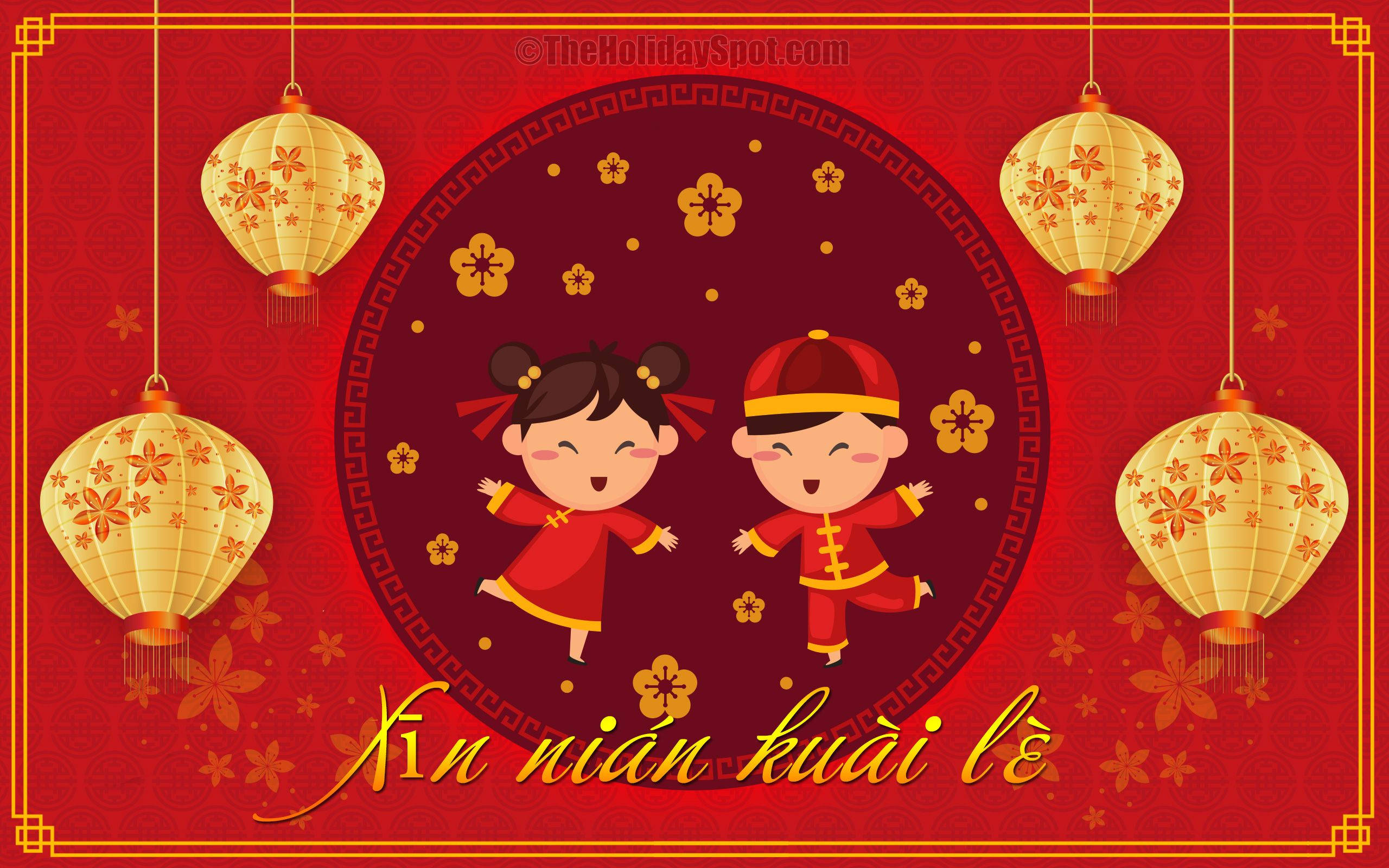 Red Chinese New Year Illustration, cartoon children, traditional red outfits, 2K Desktop Wallpaper