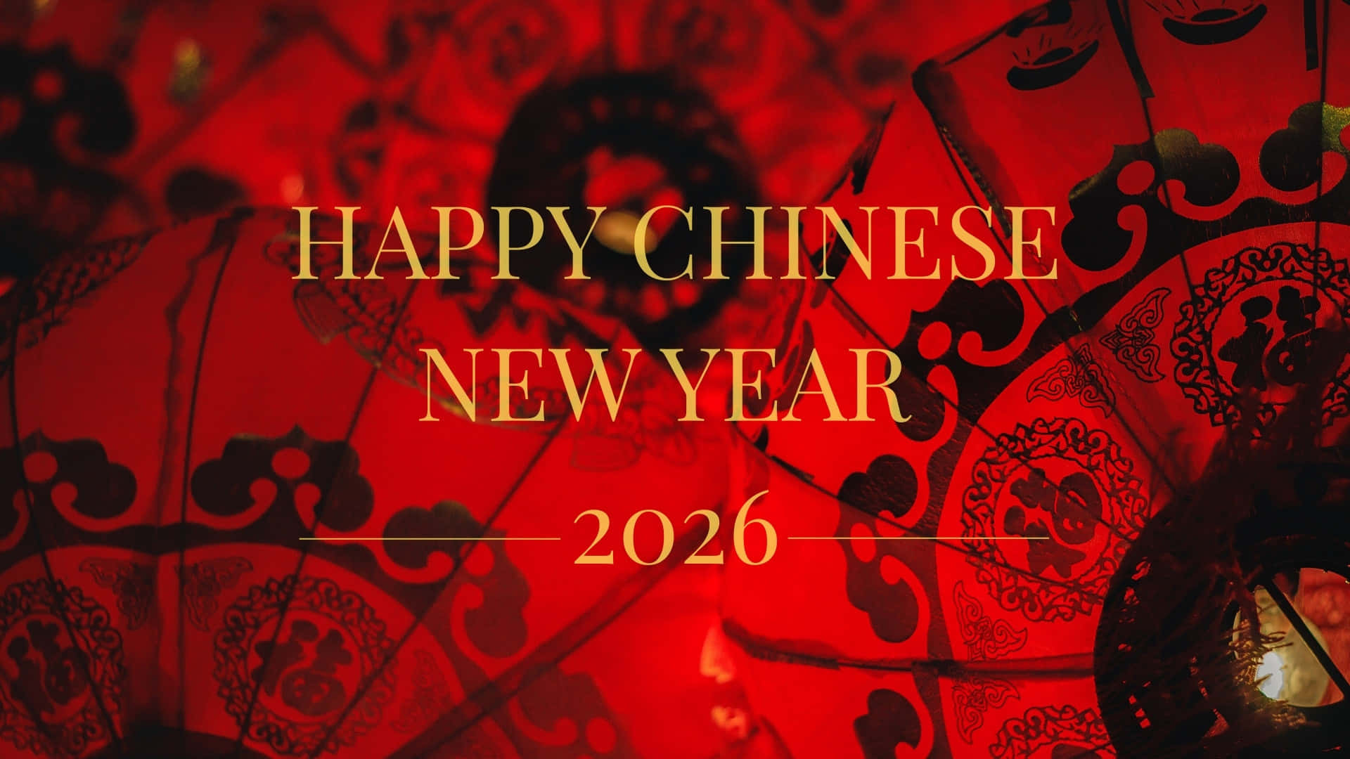 Chinese New Year 2026, red lanterns, black traditional patterns, Full HD Desktop Wallpaper