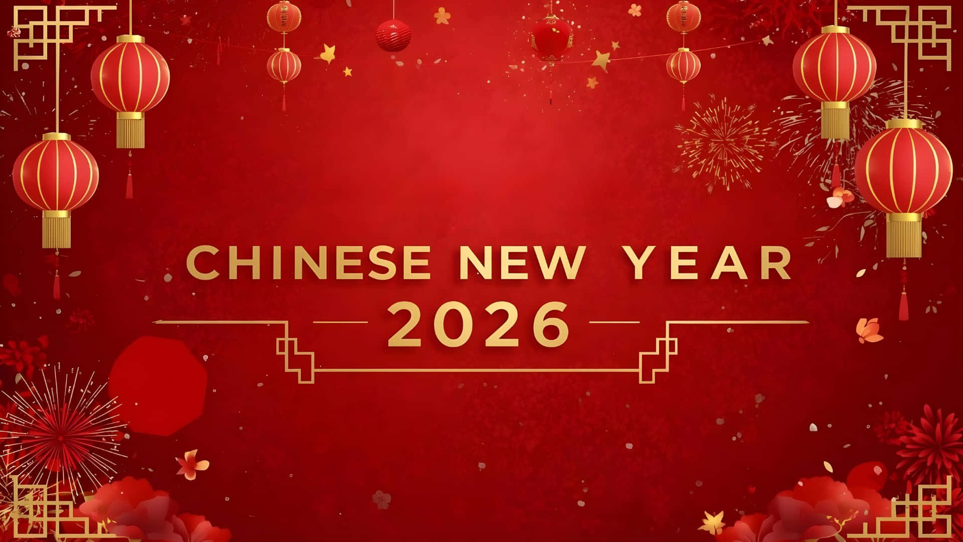 Chinese New Year 2026, red background, hanging lanterns, Full HD Desktop Wallpaper