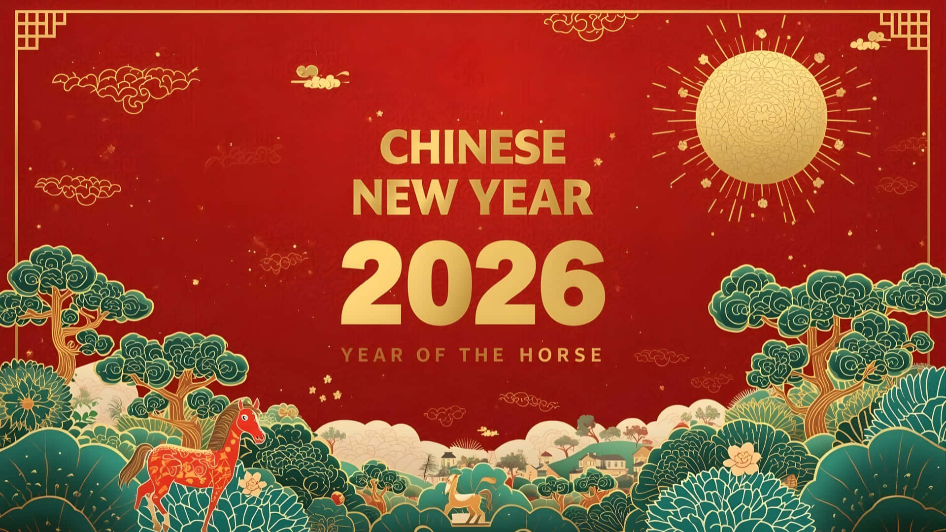 Chinese New Year 2026, red and gold, horse, Full HD Desktop Wallpaper