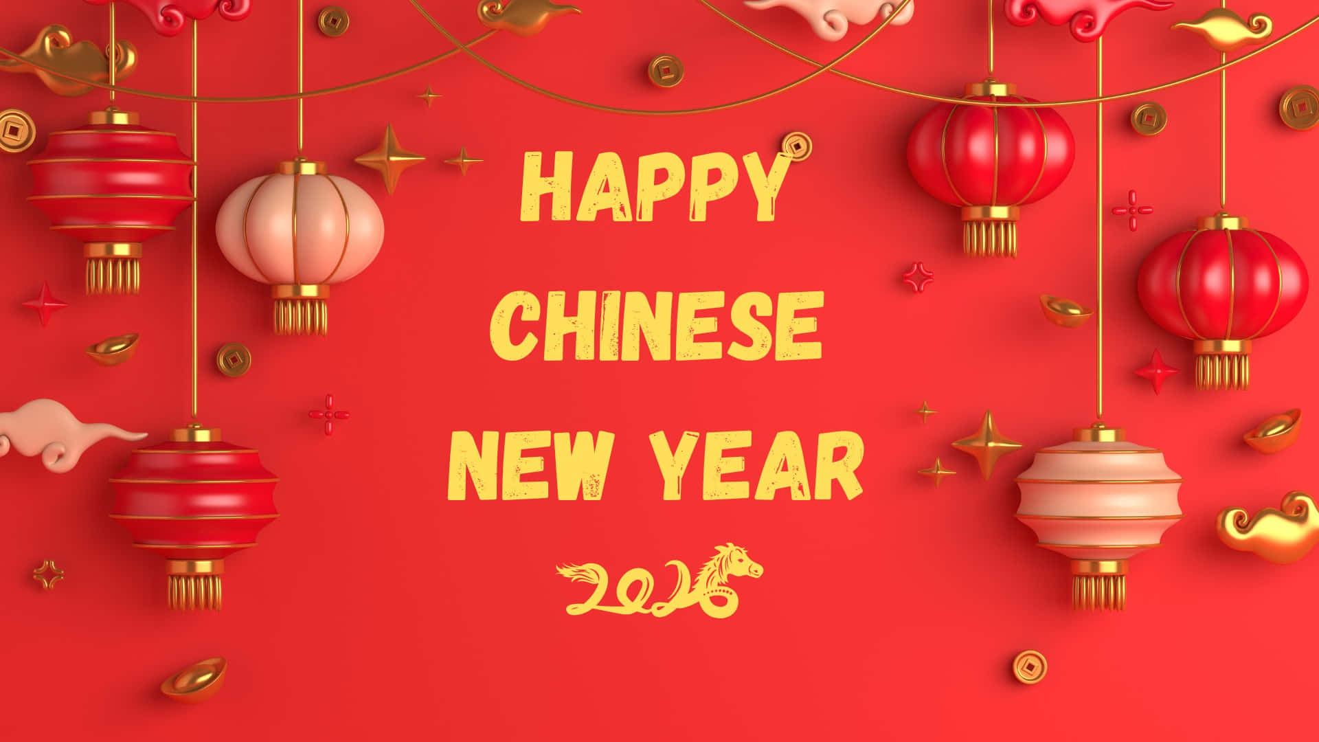 Chinese New Year 2026, red background, hanging red and pink lanterns, Full HD Desktop Wallpaper