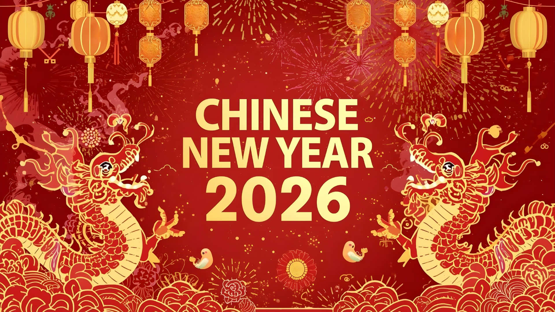 Chinese New Year 2026, golden dragons, red clouds, Full HD Desktop Wallpaper