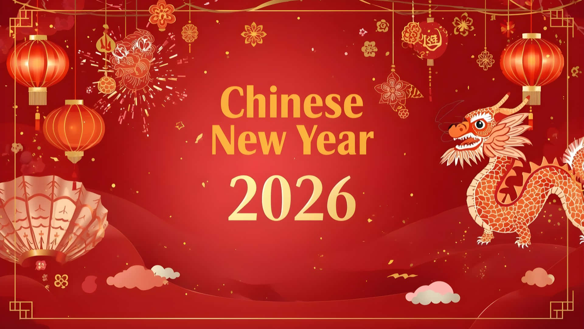 Chinese New Year 2026, red, golden dragon, Full HD Desktop Wallpaper