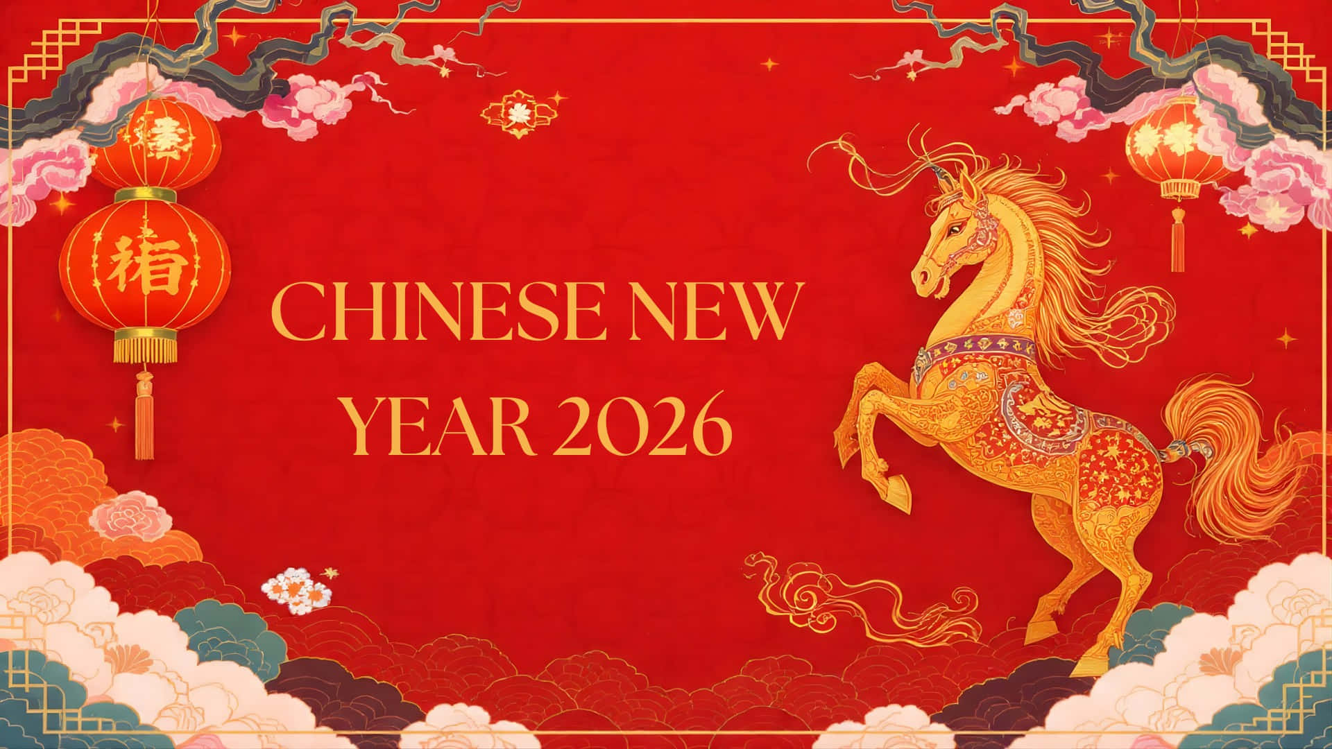 Chinese New Year 2026, golden horse, glowing lanterns, Full HD Desktop Wallpaper