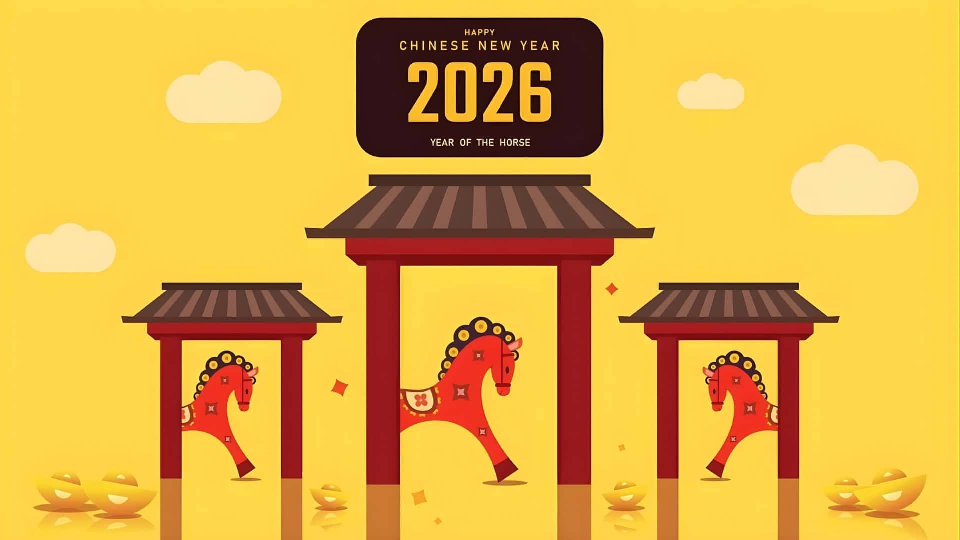 Chinese New Year 2026, vibrant yellow background, red traditional gates, Full HD Desktop Wallpaper