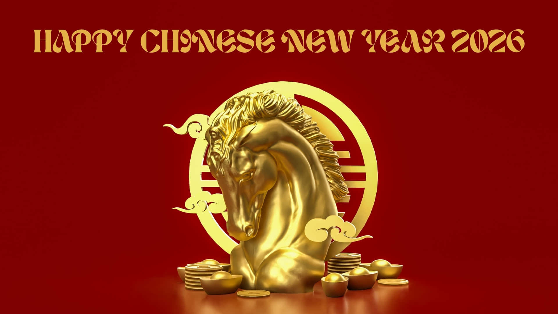 Chinese New Year 2026, golden horse head sculpture, gold ingots, Full HD Desktop Wallpaper