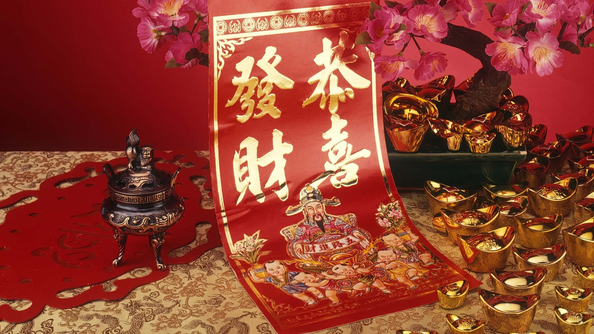 Chinese New Year, gold ingots, red banner, Full HD Desktop Wallpaper