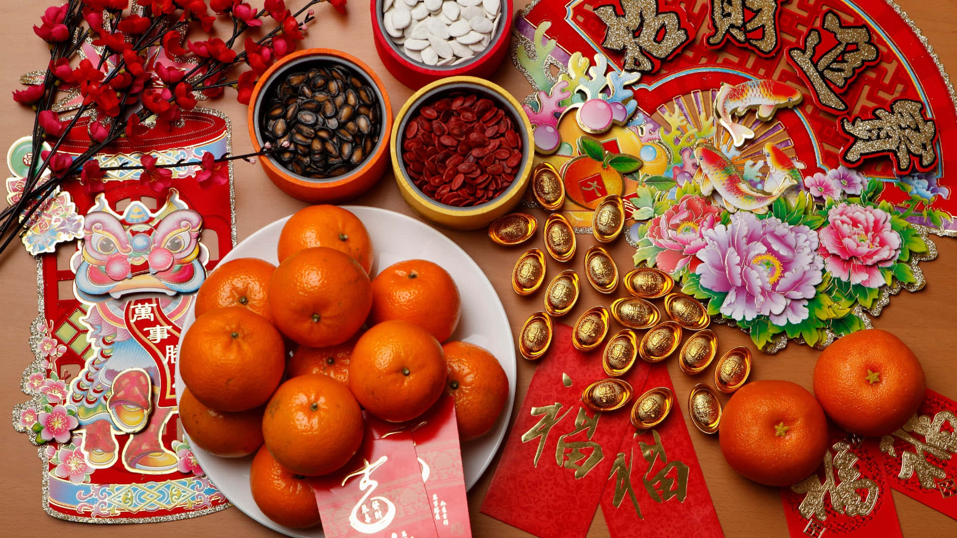 Chinese New Year, gold ingots, oranges, Full HD Desktop Wallpaper