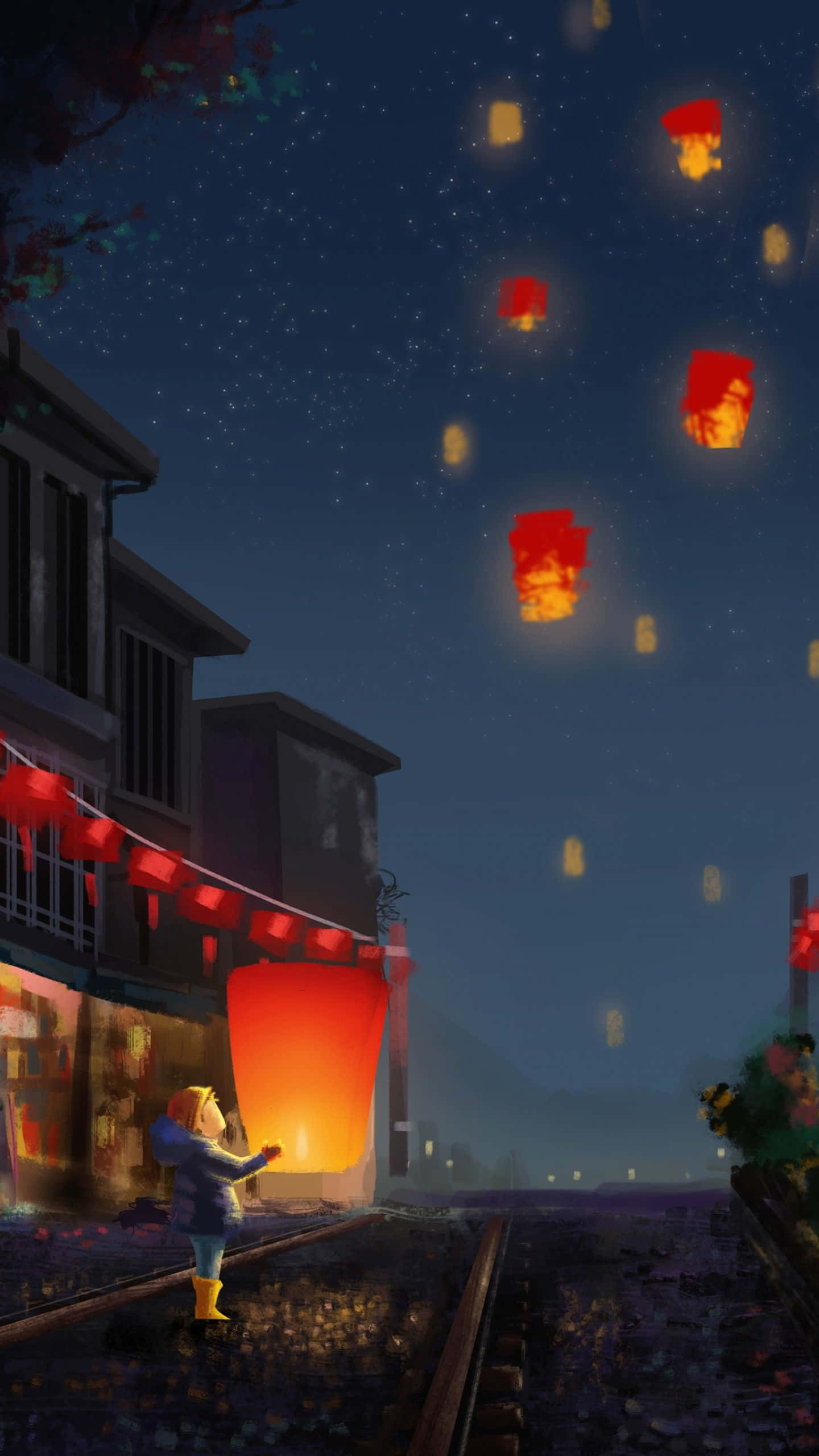 Chinese New Year, red sky lantern, starry night sky, 2K Phone Wallpaper