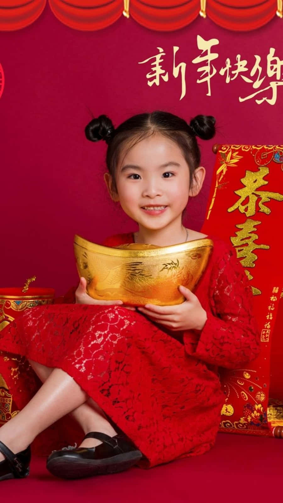 Chinese New Year, red traditional dress, golden ingot, HD Phone Wallpaper