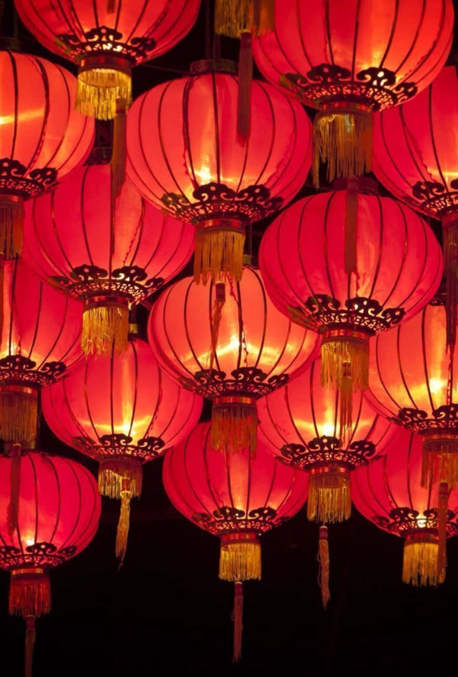 Chinese New Year, red paper lanterns, golden tassels, HD Phone Wallpaper