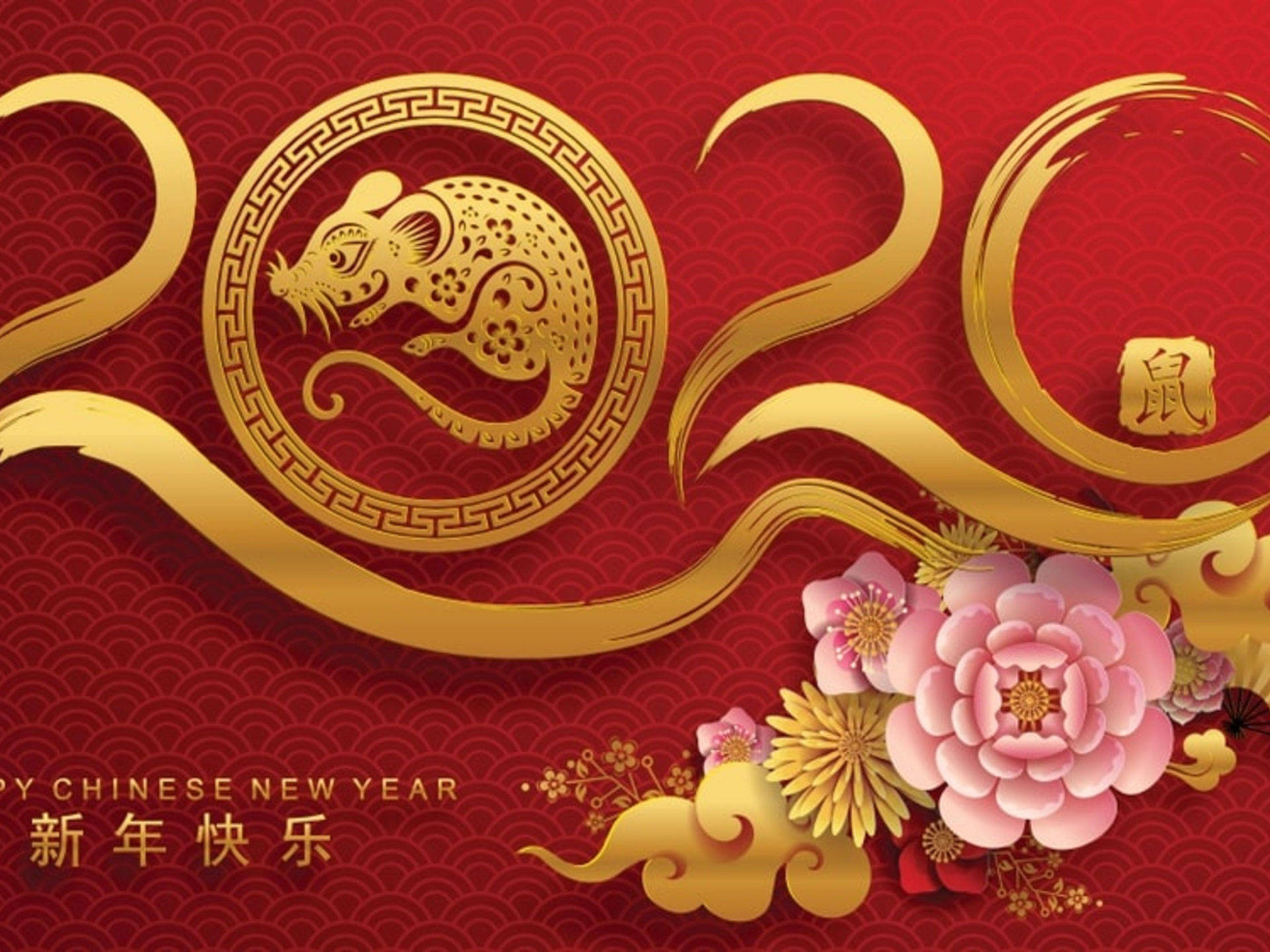 Happy Chinese New Year 2020 Rat, golden rat, floral design, Full HD Desktop Wallpaper