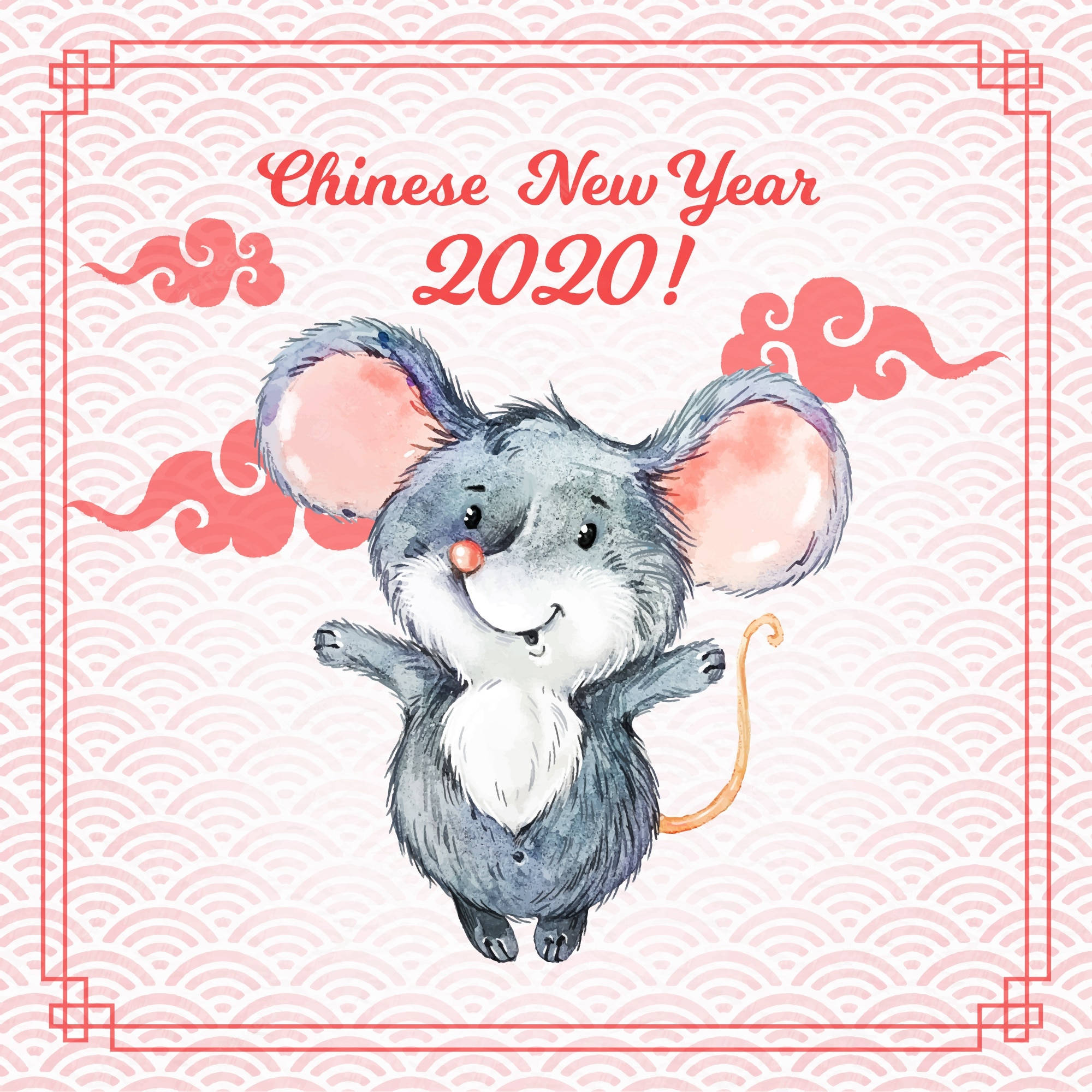 Chinese New Year 2020, watercolor mouse, pink wave pattern, Full HD Desktop Wallpaper