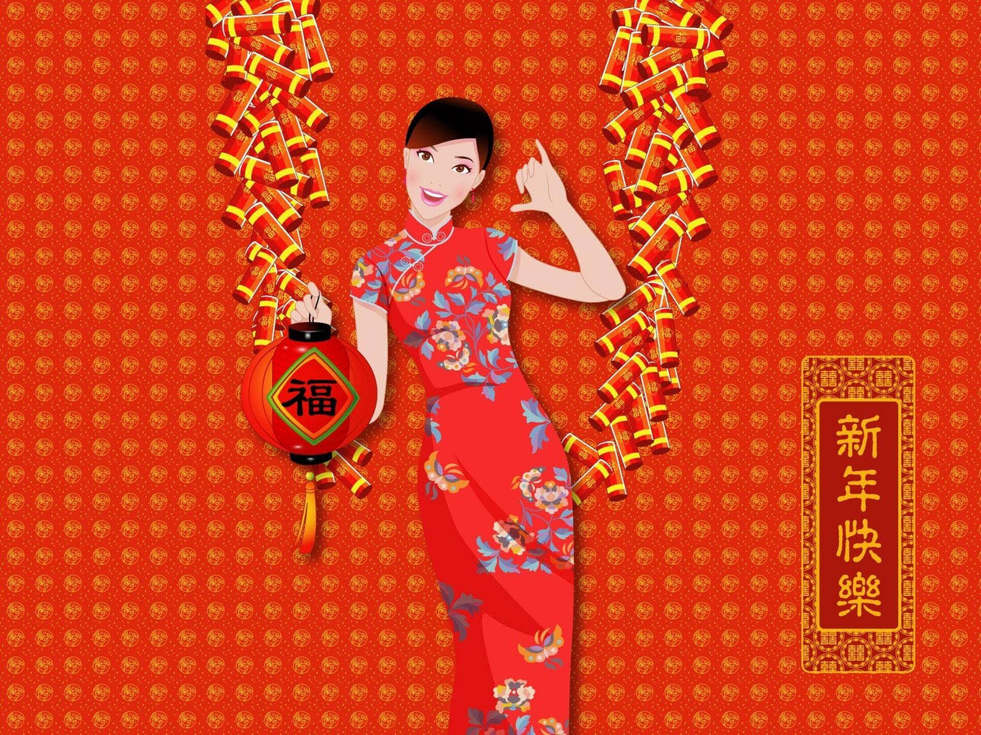 Chinese New Year, anime girl, floral red qipao, Full HD Desktop Wallpaper