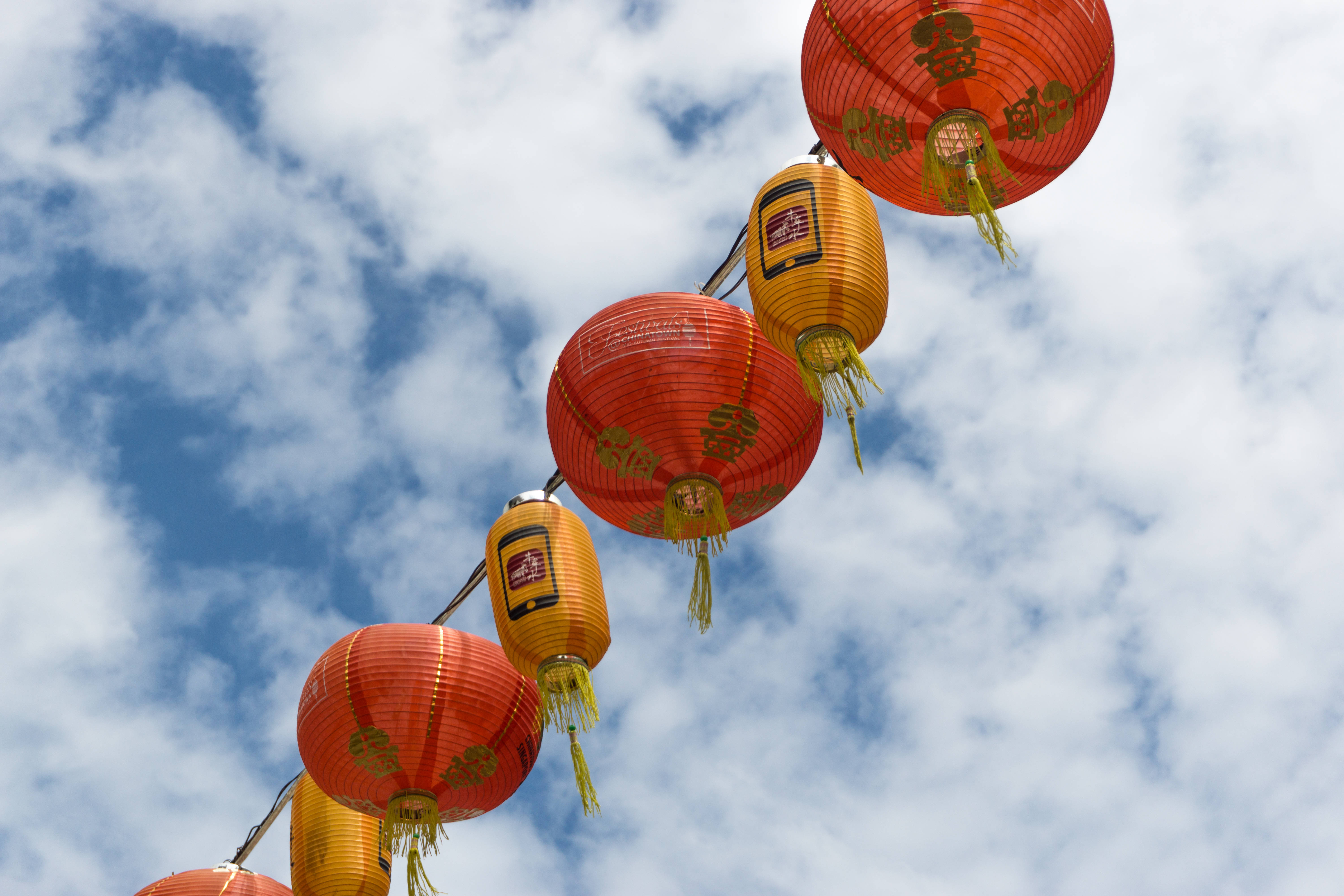 red paper lanterns, orange paper lanterns, gold tassels, 5K Desktop Wallpaper