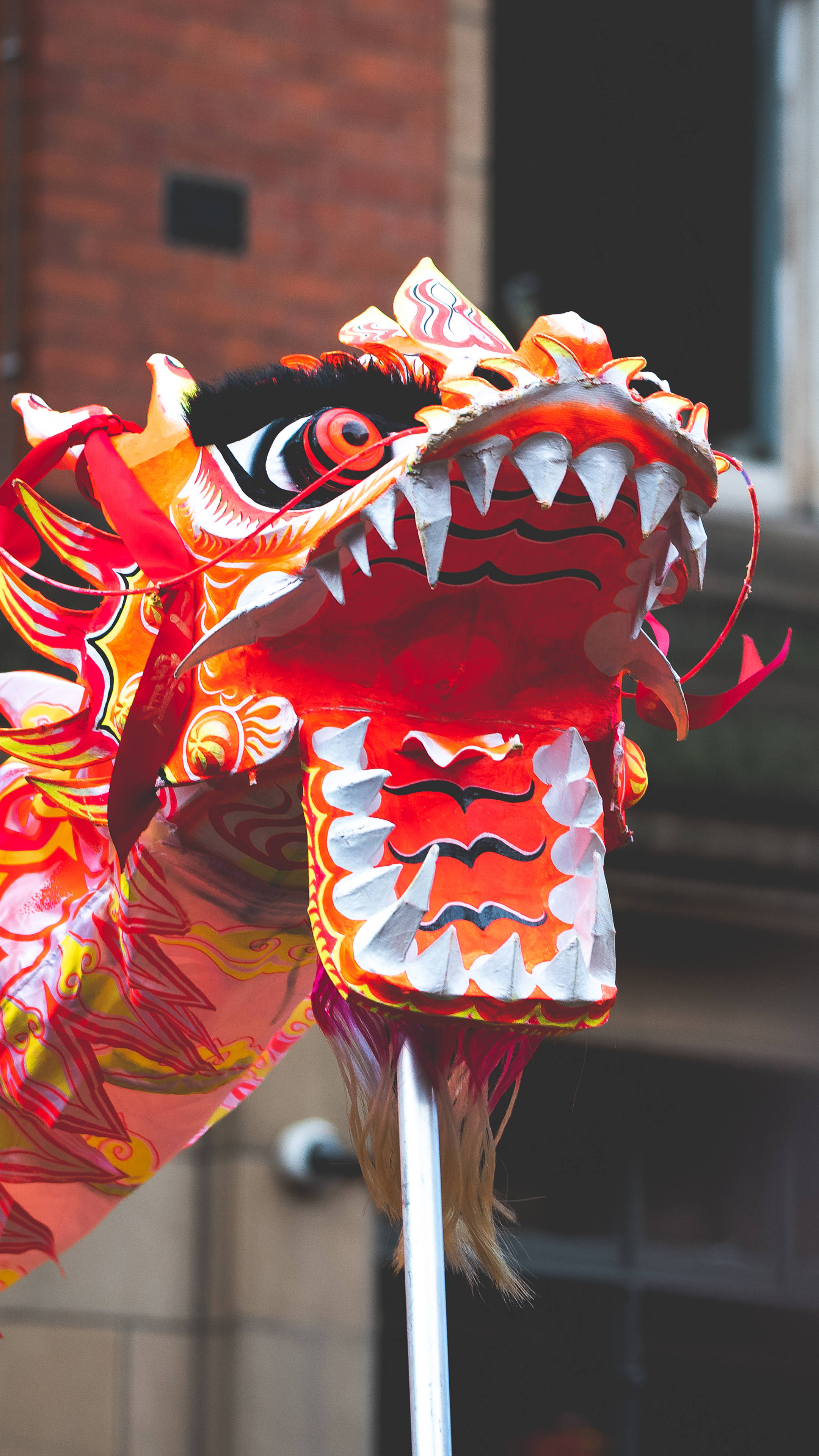 Chinese New Year, dragon dance, red and gold dragon head, 4K Phone Wallpaper