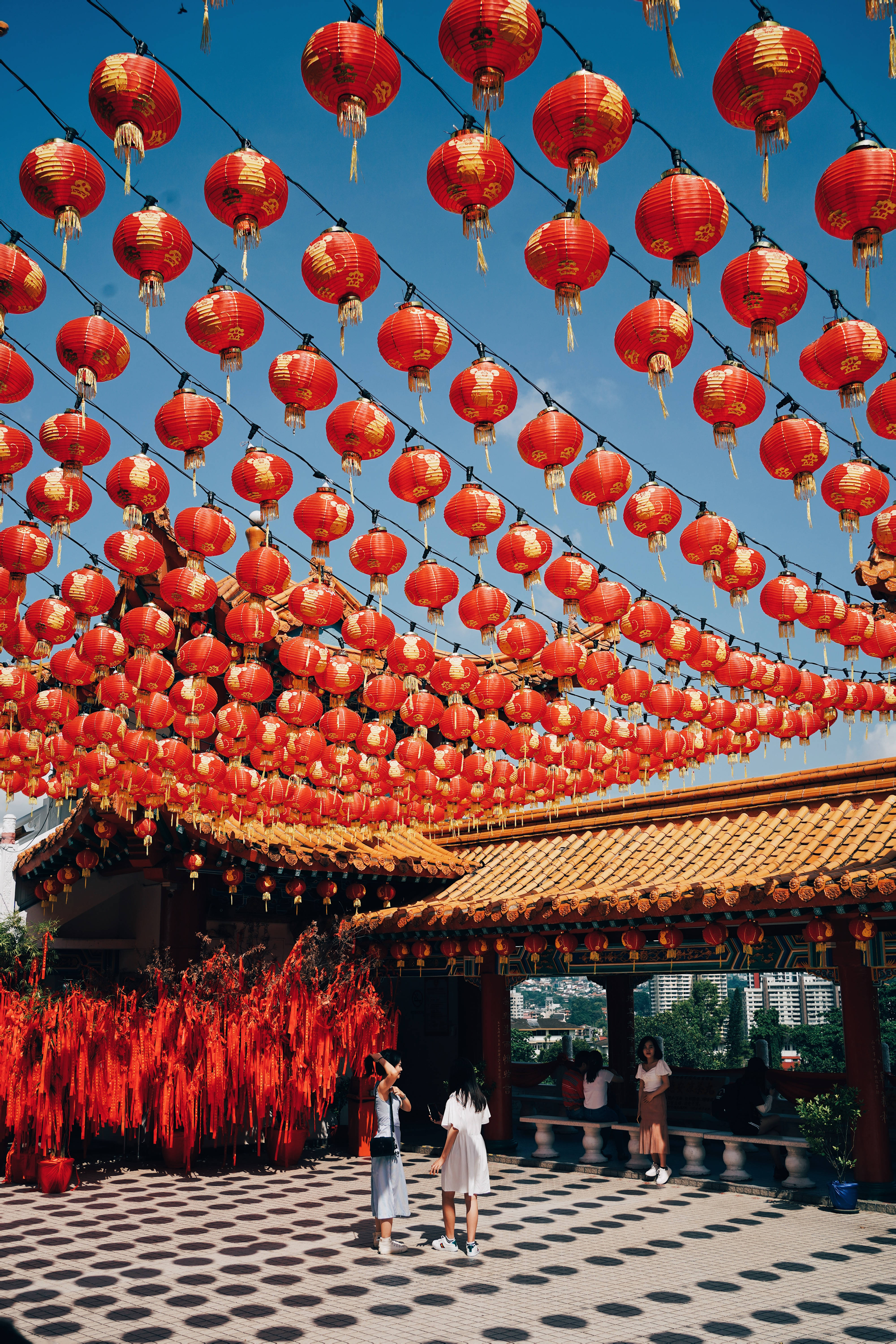 Chinese New Year, red lanterns, tiled-roof pavilion, 5K Phone Wallpaper