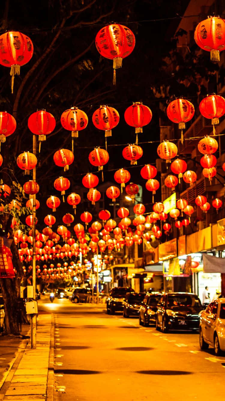 Chinese New Year 2022, glowing red lanterns, night street, HD Phone Wallpaper