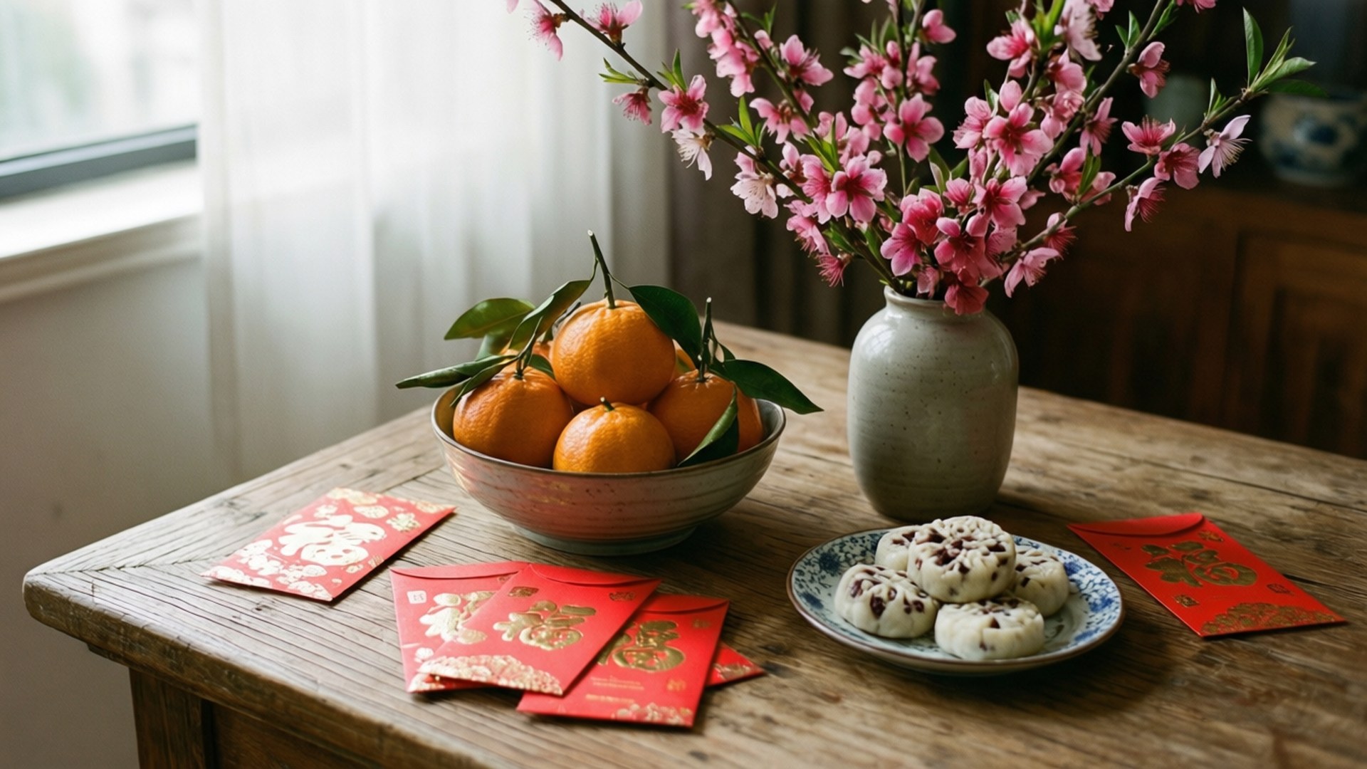 rustic wooden table, bowl of oranges, vase of pink peach blossoms, Full HD Desktop Wallpaper