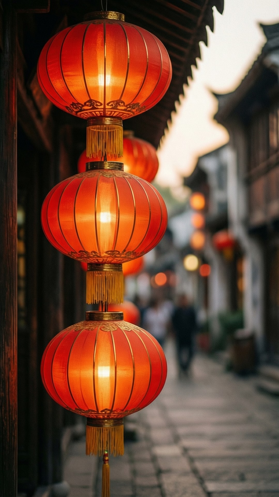 glowing red paper lanterns, traditional alleyway, dusk, Full HD Phone Wallpaper