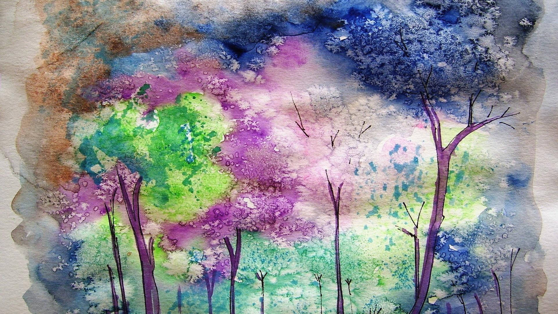 watercolor painting, vibrant red trees, purple green and blue foliage, Full HD Desktop Wallpaper