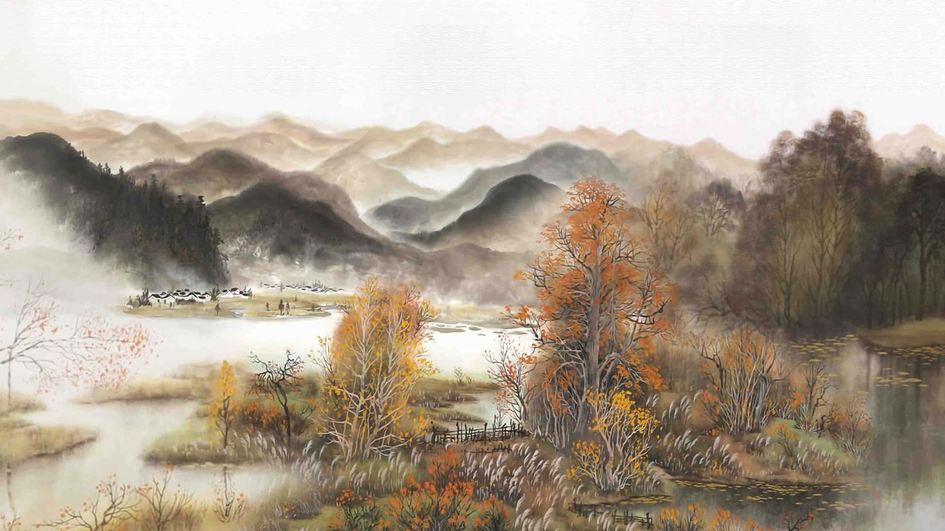 autumn landscape, layered mountains, rivers, Full HD Desktop Wallpaper