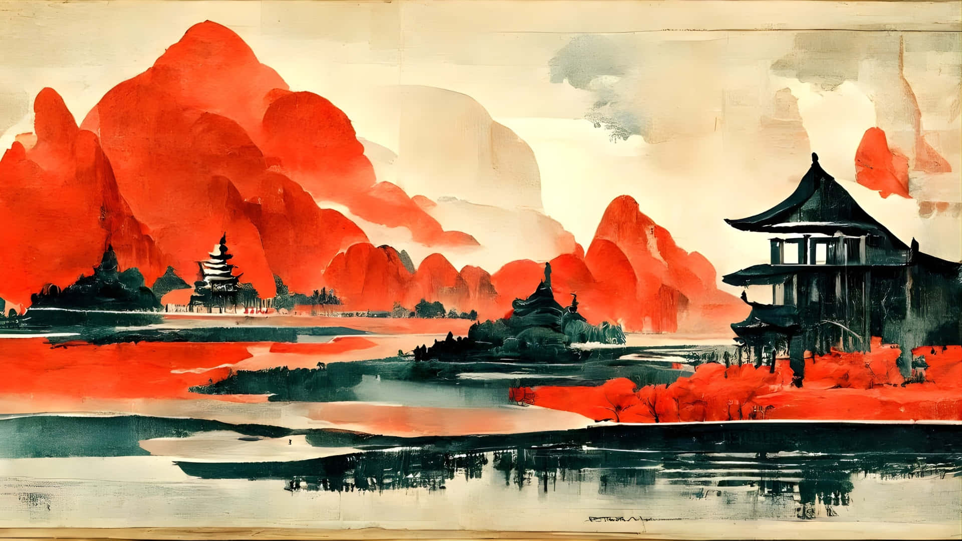 Chinese Watercolor Landscape Painting, vibrant red mountains, traditional pagodas, Full HD Desktop Wallpaper