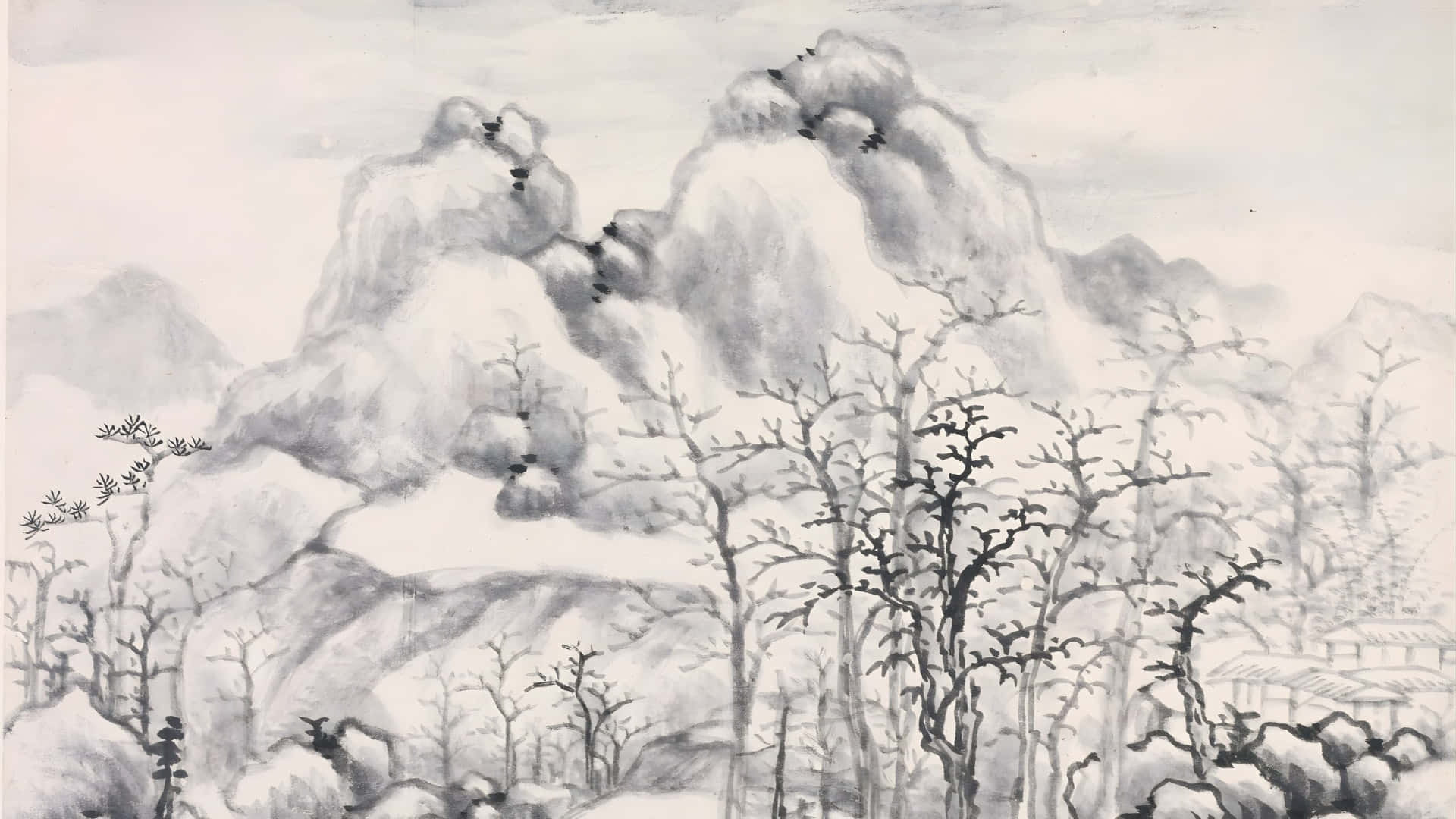 Chinese Watercolor Mountain Landscape, snow-covered mountains, bare trees, Full HD Desktop Wallpaper