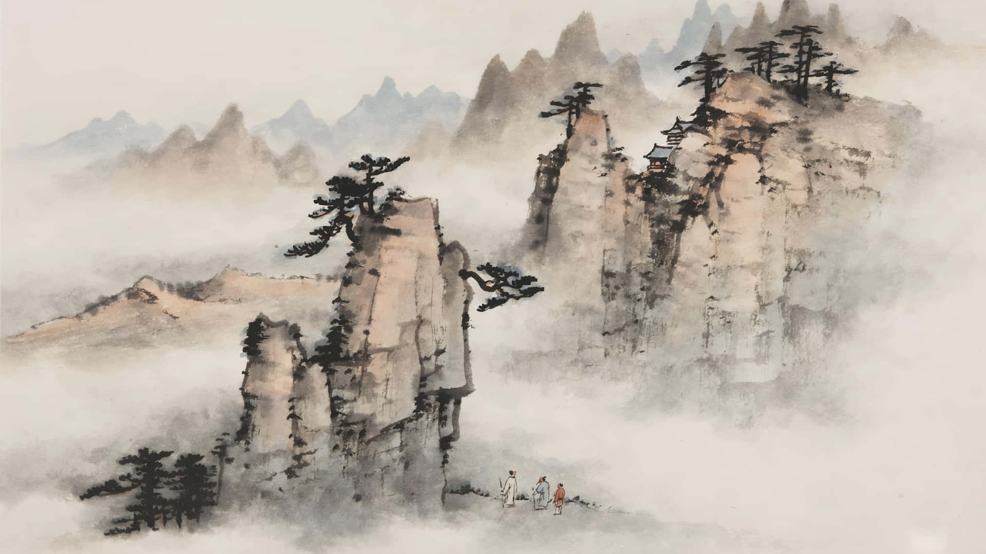 misty mountains, clouds, pine trees, Full HD Desktop Wallpaper