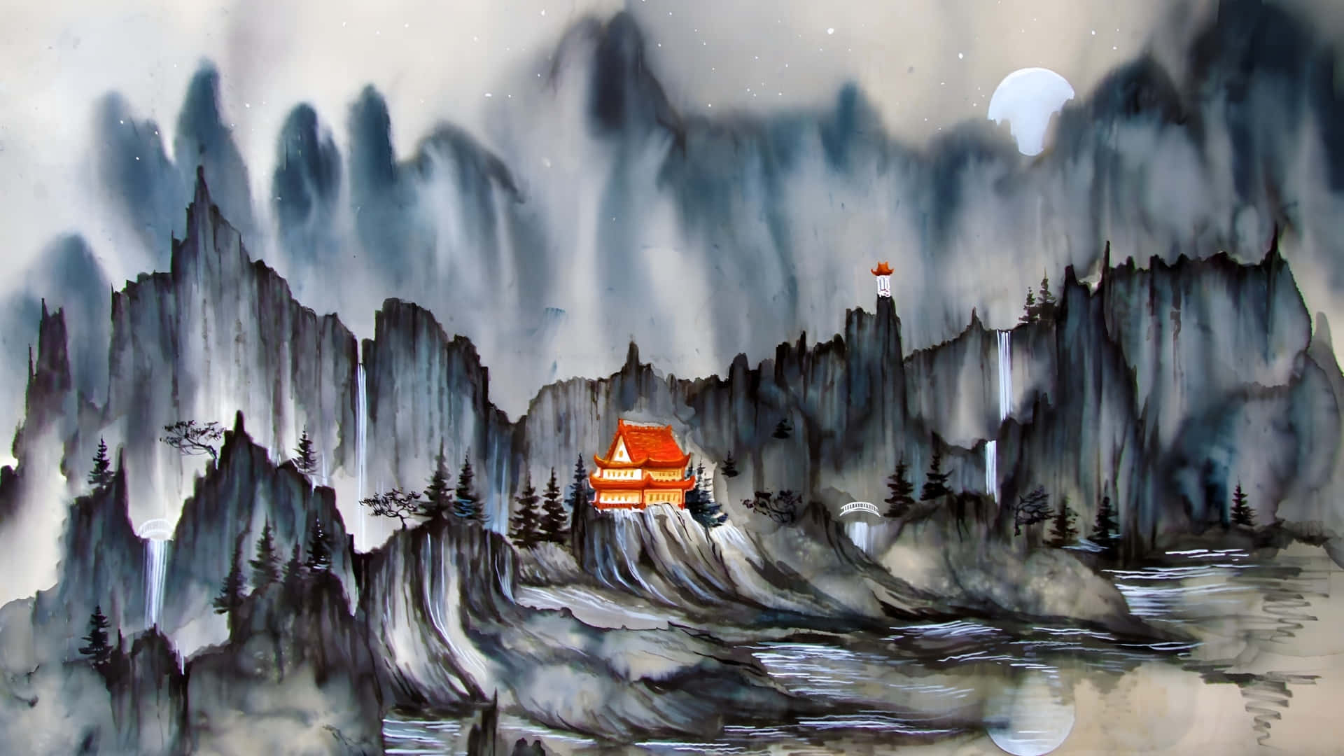 mystical mountain landscape, red-roofed temple, misty gray mountains, Full HD Desktop Wallpaper