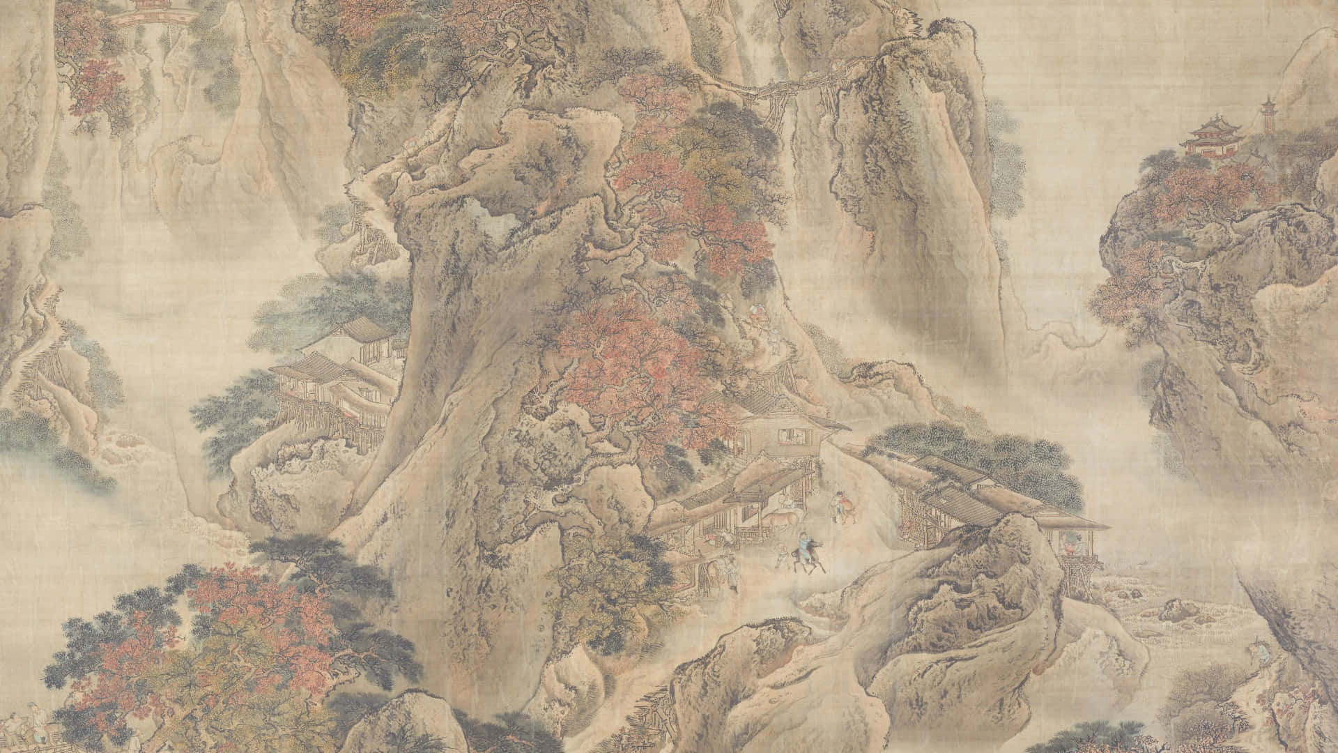 ancient chinese watercolor landscape, traditional Chinese ink wash painting, misty mountains, Full HD Desktop Wallpaper