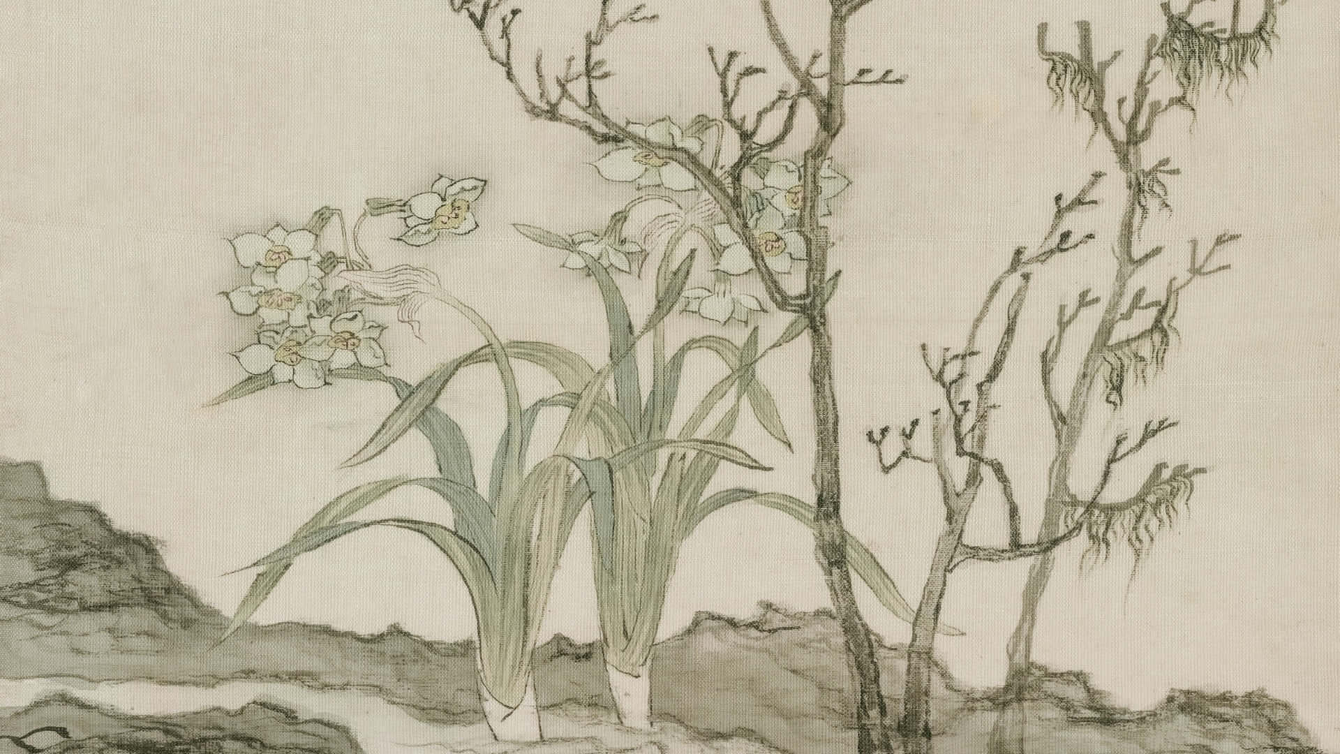 Delicate Chinese Watercolor Flora, white orchids, bare branches, Full HD Desktop Wallpaper