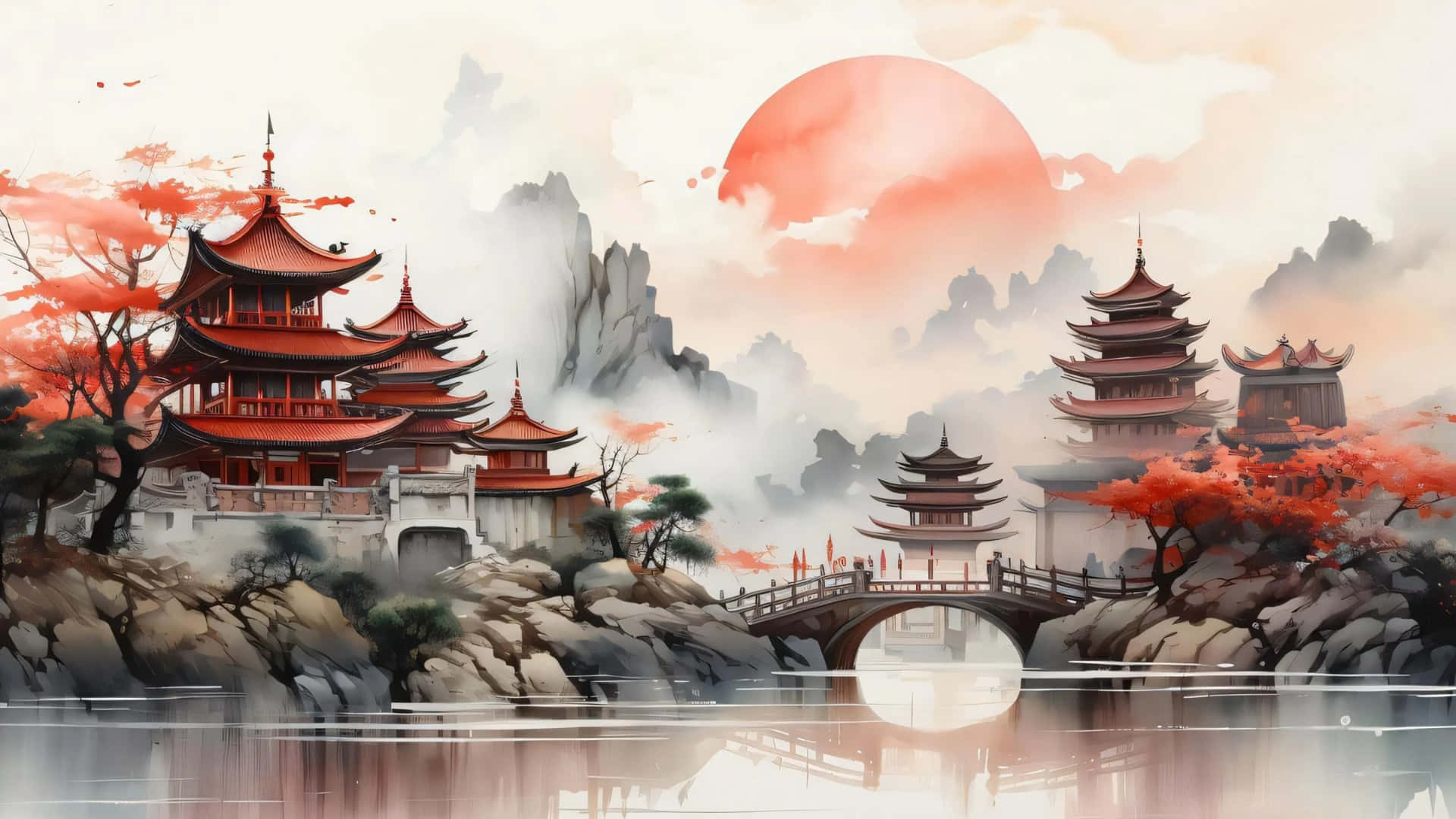 Chinese Watercolor Landscape Painting, red pagodas, stone bridge, Full HD Desktop Wallpaper